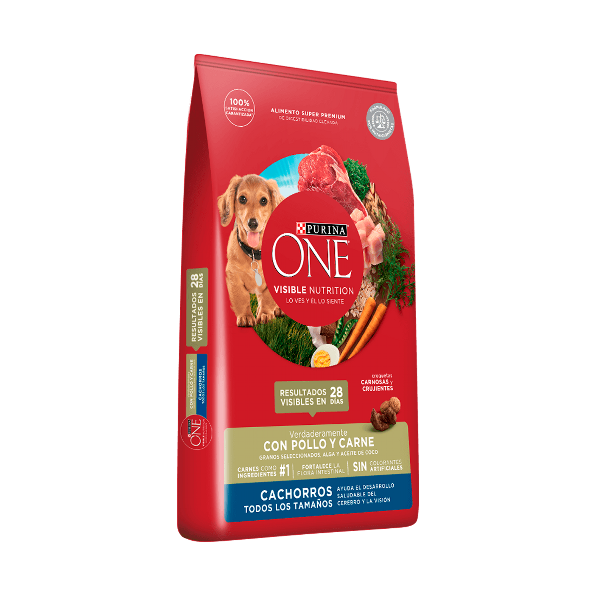 Empaque de Purina® One® Cachorros todos los tamaños con pollo y carne, vista lateral