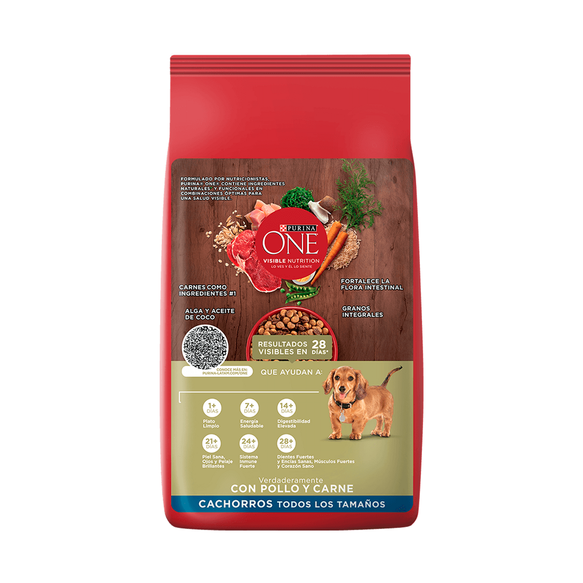 Empaque de Purina® One® Cachorros todos los tamaños con pollo y carne, vista posterior