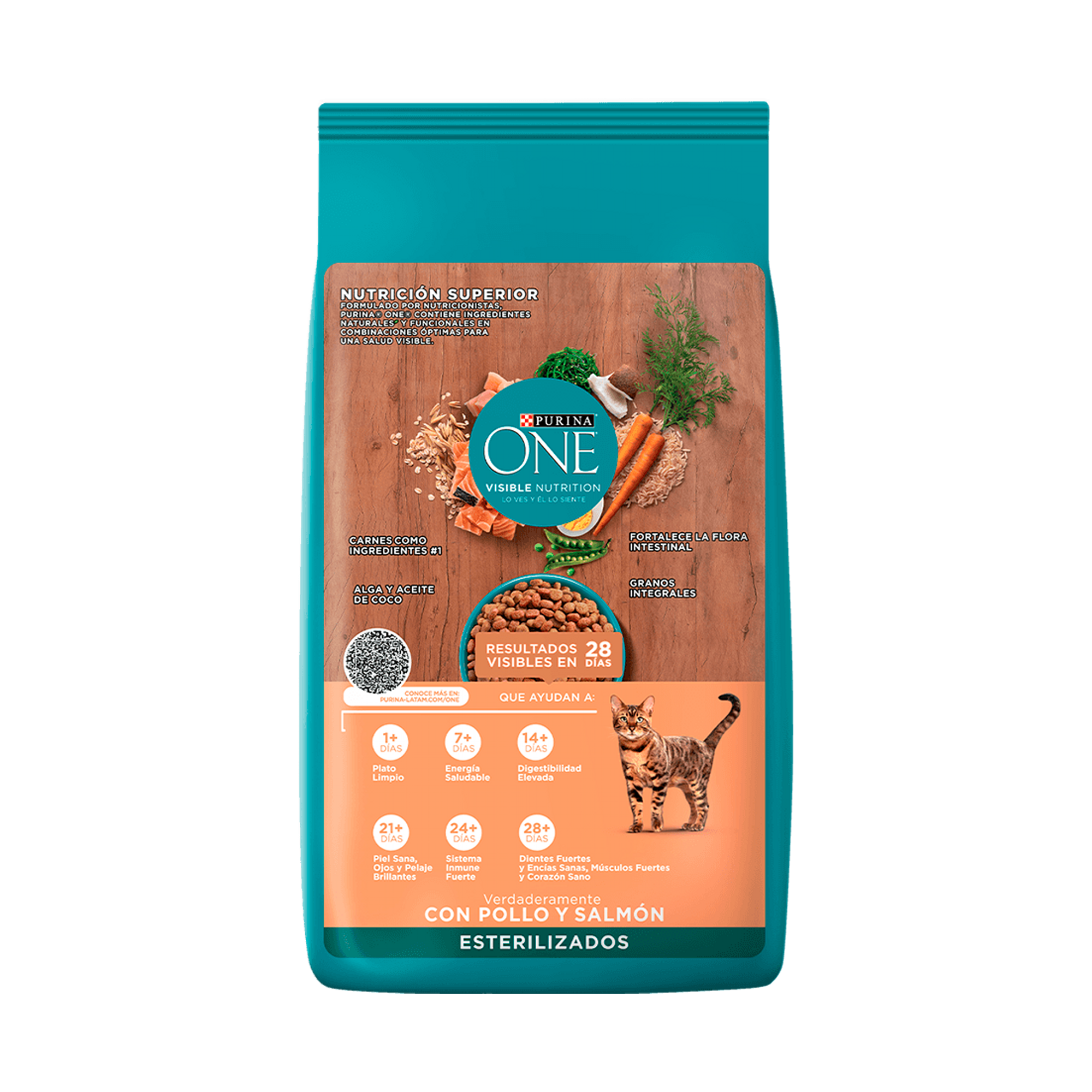 Empaque de Purina® One® Croquetas para gato esterilizado con pollo y salmón, vista posterior