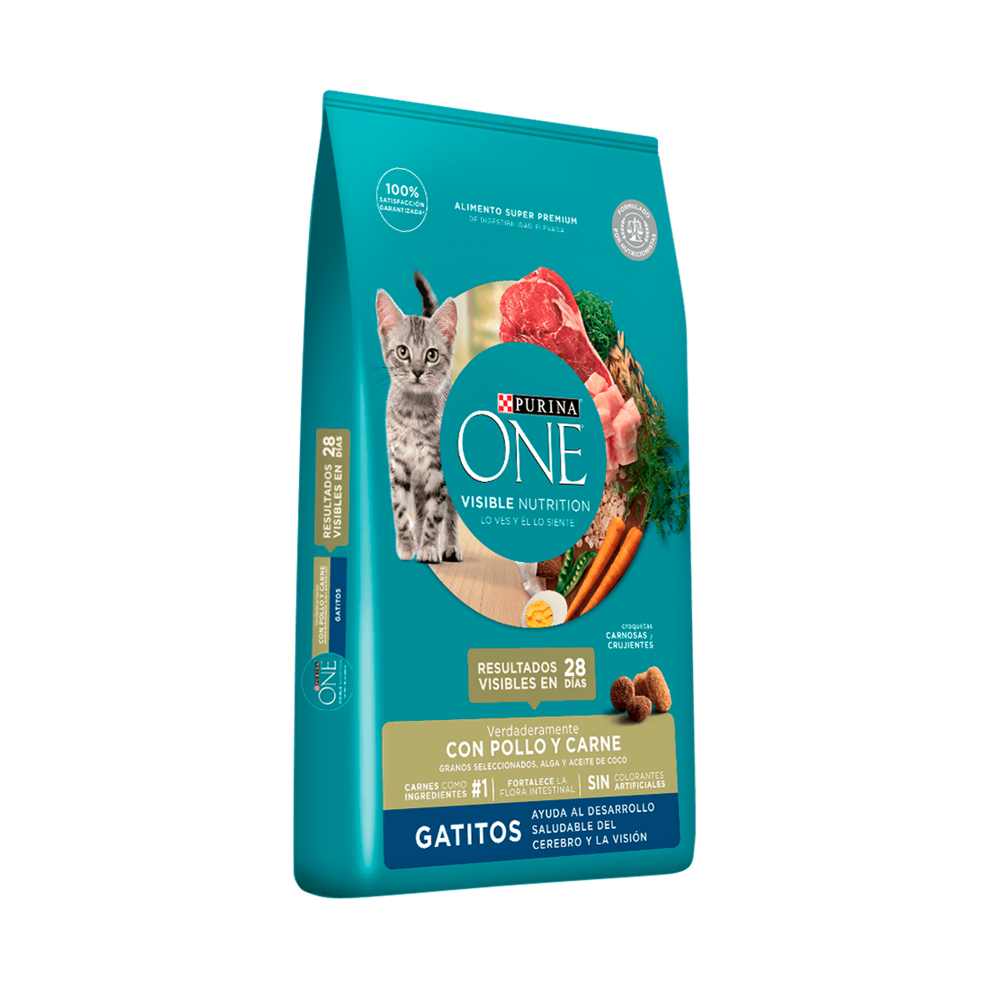Empaque de Purina® One® Gatitos de pollo y carne, vista lateral