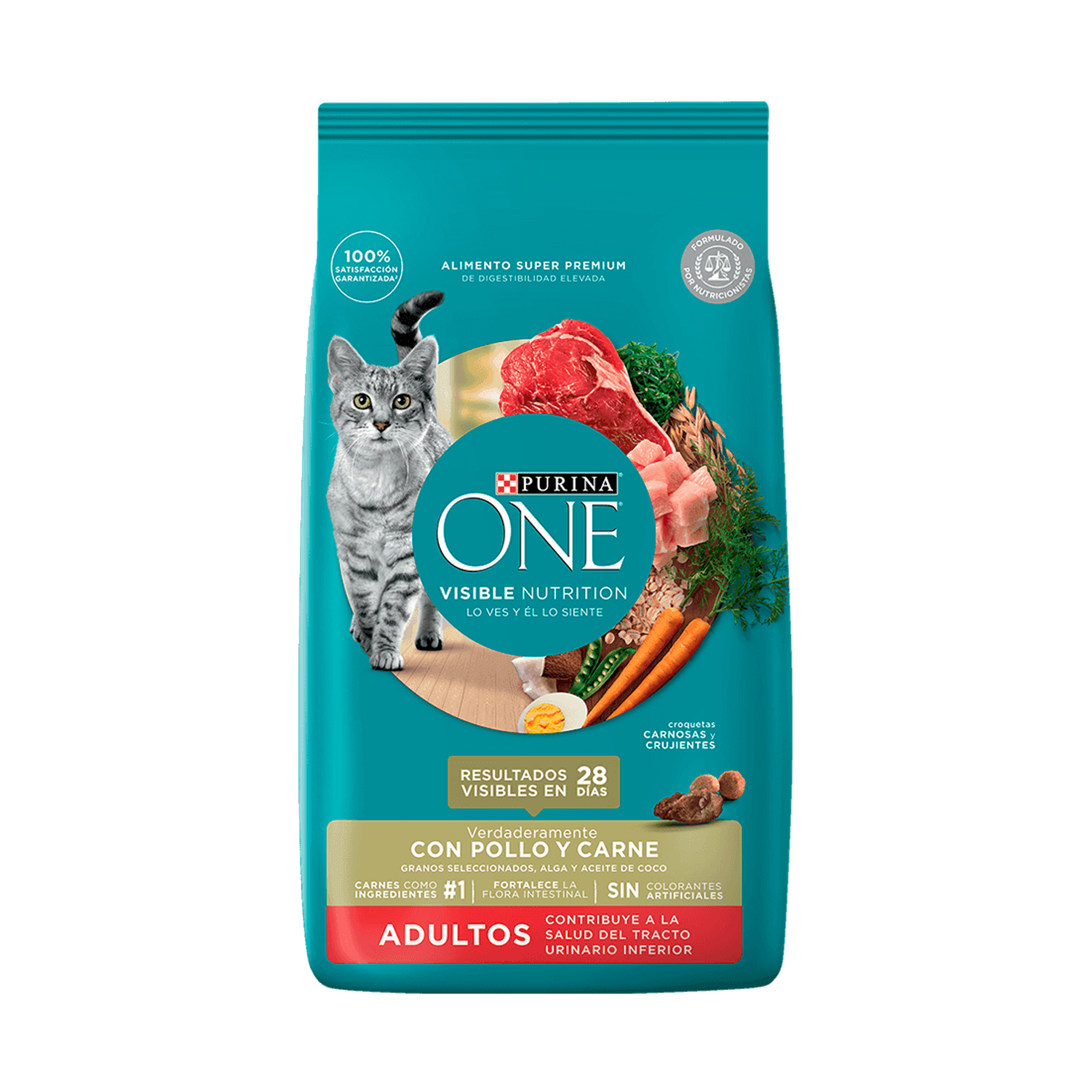 Empaque de Purina® One® Gatos adultos con pollo y carne, vista frontal