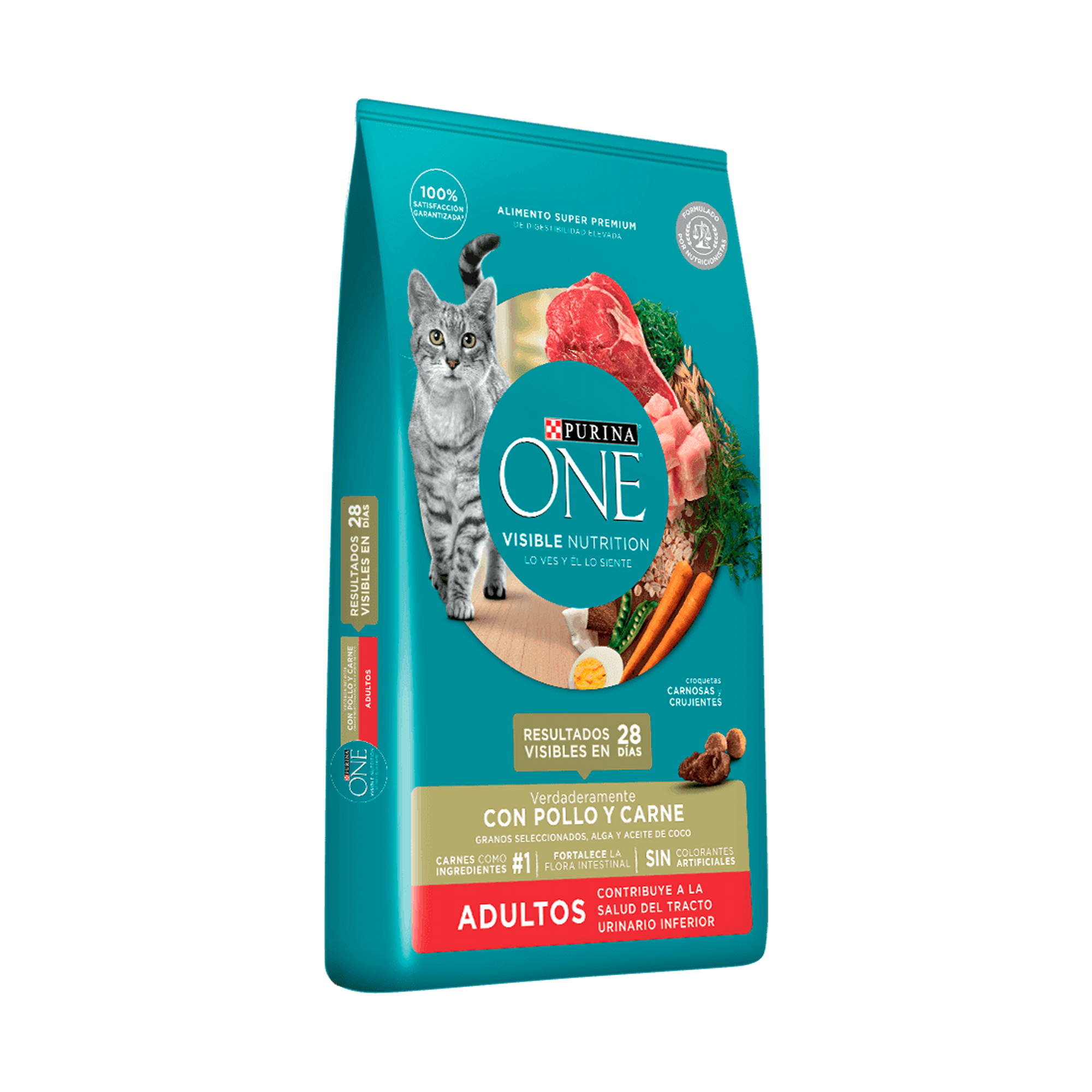 Empaque de Purina® One® Gatos adultos con pollo y carne, vista lateral