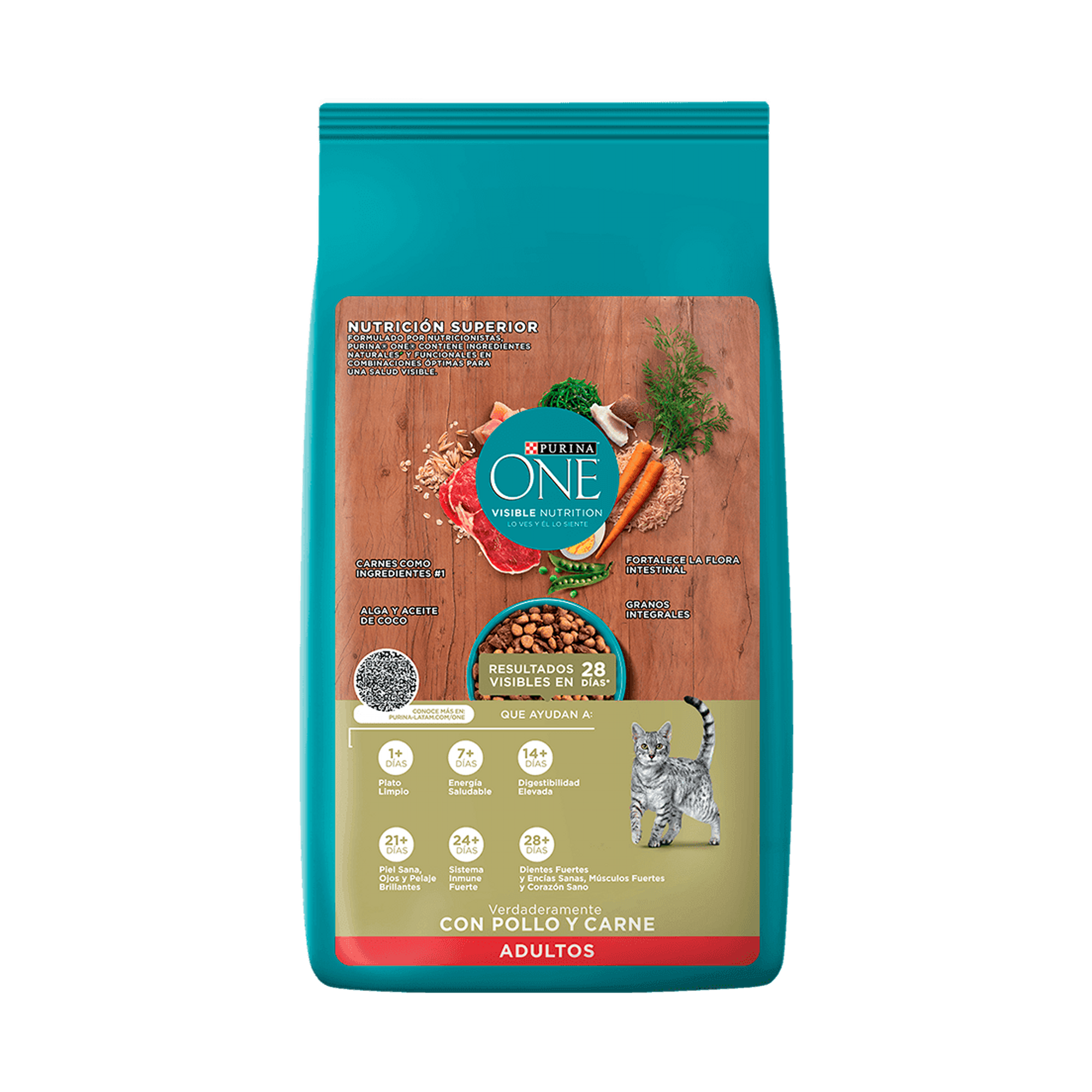 Empaque de Purina® One® Gatos adultos con pollo y carne, vista posterior
