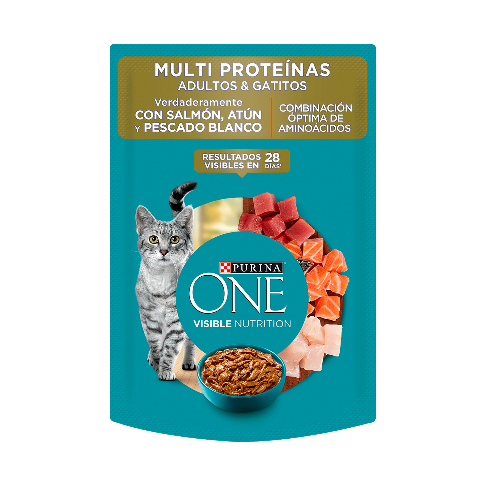 Empaque de Purina® One® Multi proteínas para gatos y gatitos de salmón, atún y pescado, vista frontal