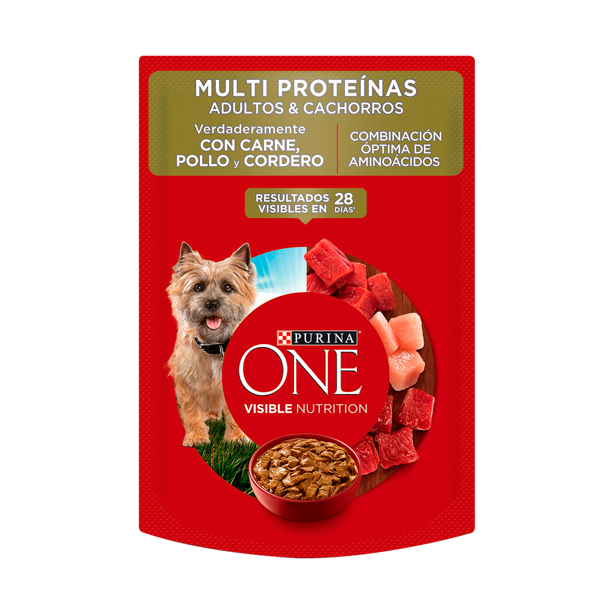 Empaque de Purina® One® Multiproteínas para perro carne, pollo y cordero, vista frontal