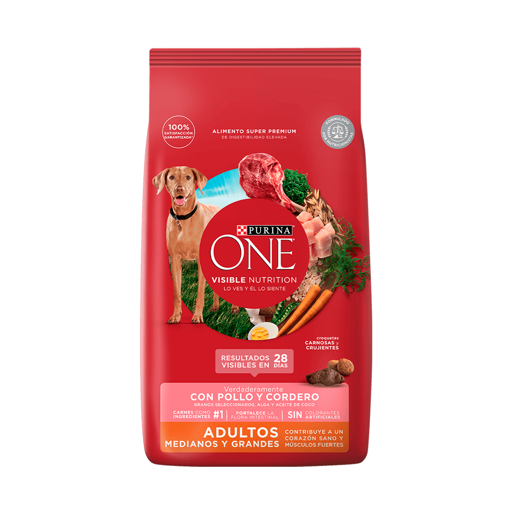 Empaque de Purina® One® Pollo y cordero perro adulto mediano y grande, vista frontal