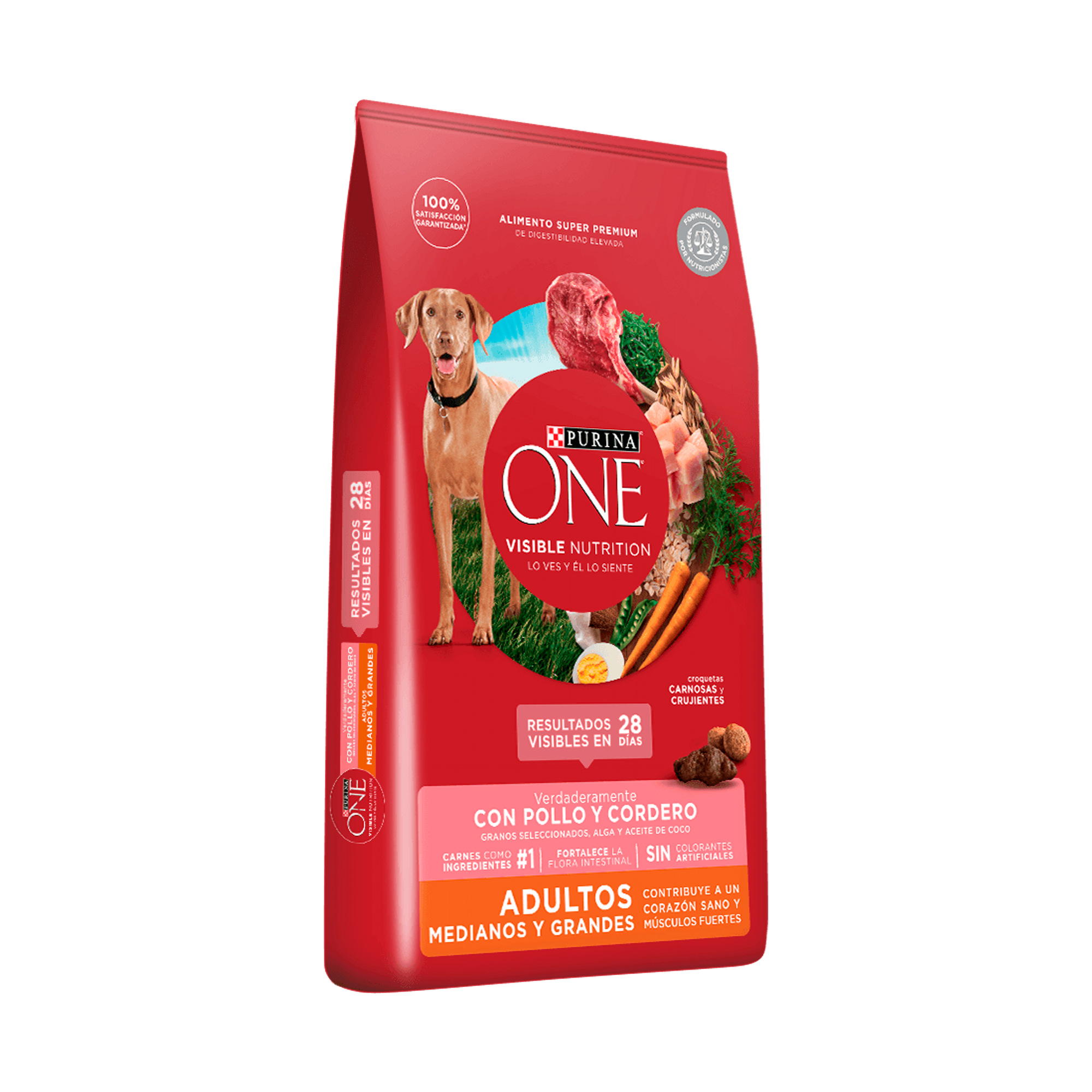 Empaque de Purina® One® Pollo y cordero perro adulto mediano y grande, vista lateral