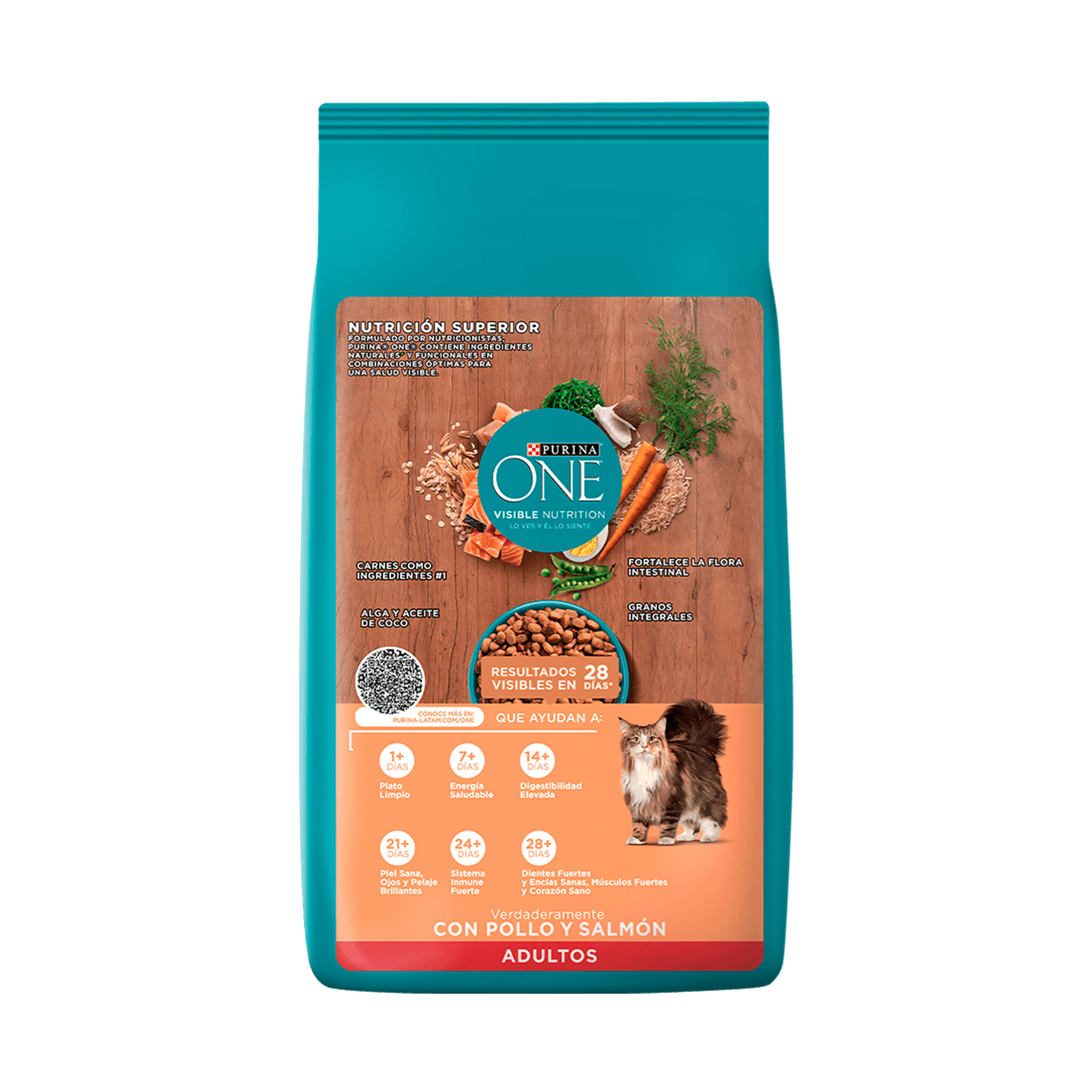 Empaque de Purina® One® Pollo y salmón para gatos, vista posterior