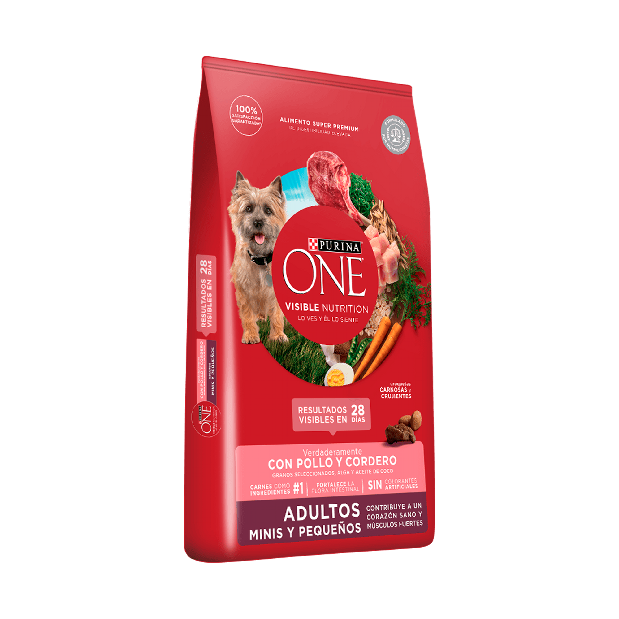 Empaque de Purina® One® Razas pequeñas y minis adultos con pollo y cordero, vista frontal