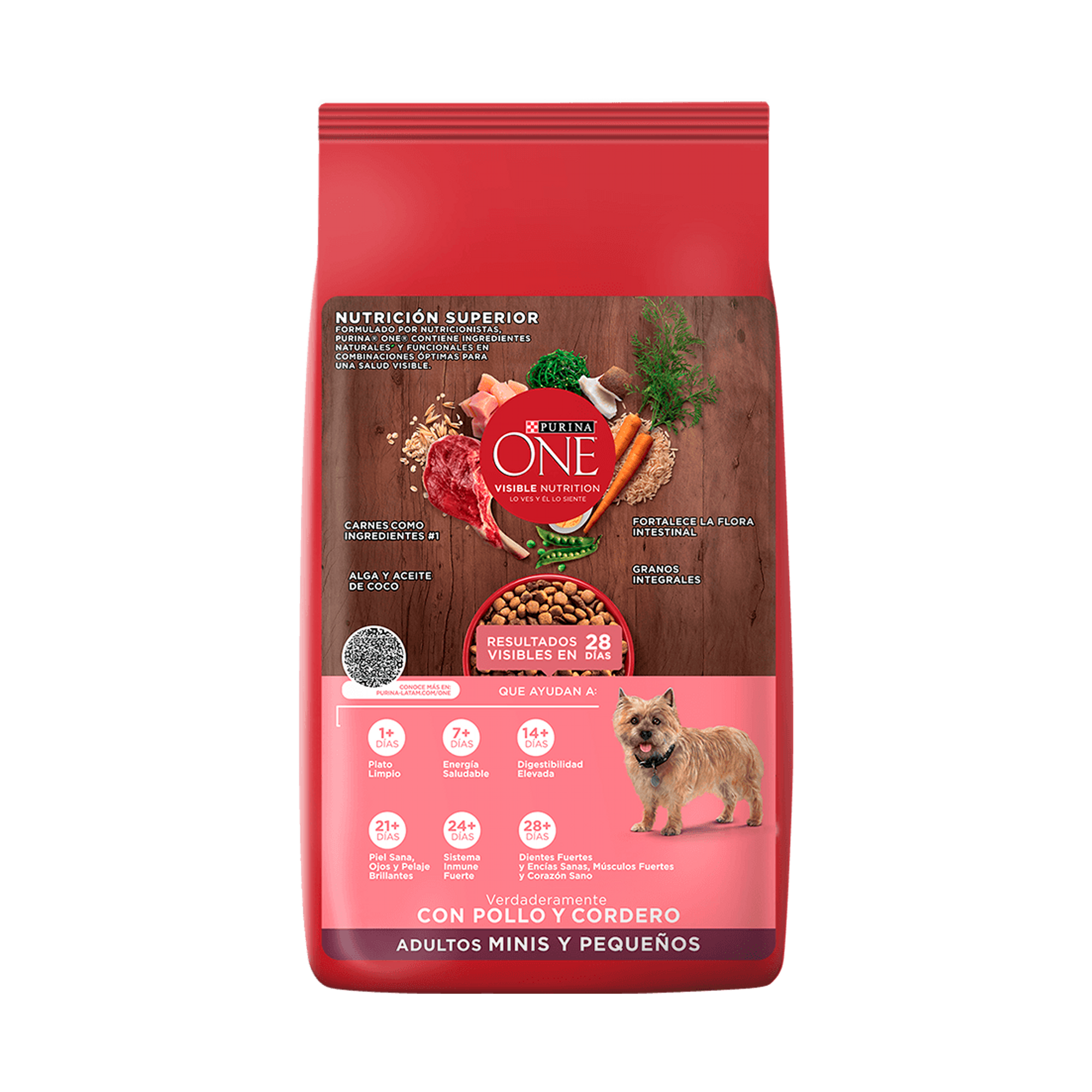 Empaque de Purina® One® Razas pequeñas y minis adultos con pollo y cordero, vista posterior
