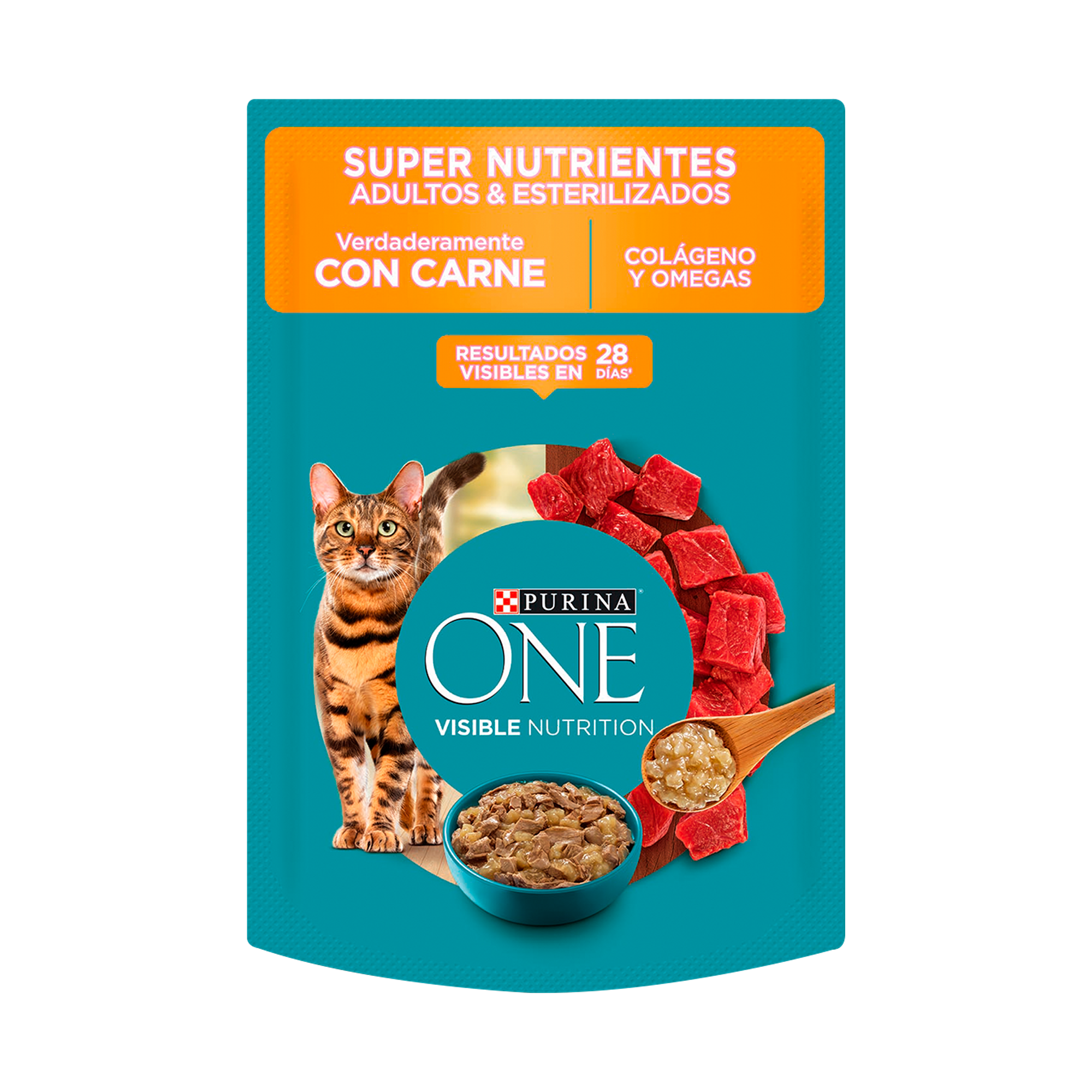 Empaque de Purina® One® Super nutrientes carne adultos y esterilizados, vista frontal