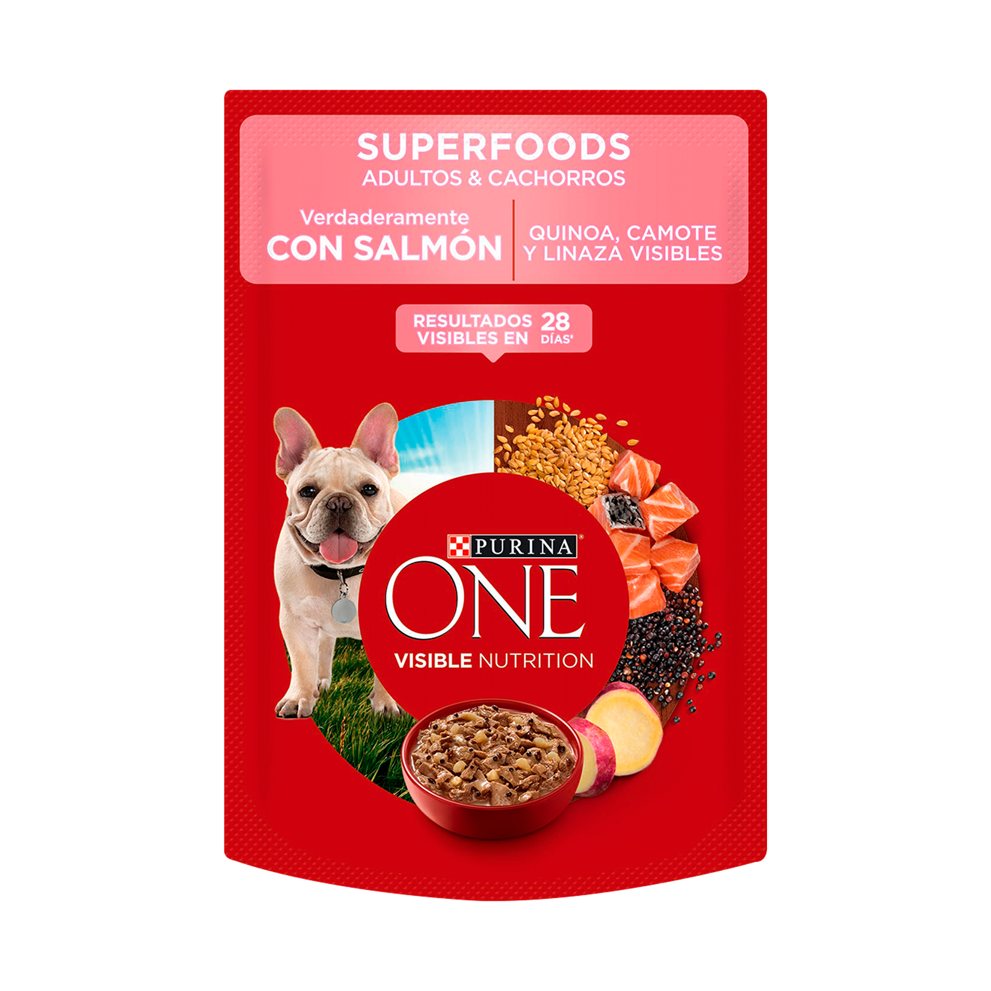 Empaque de Purina® One® Superfoods perros adultos y cachorros de salmón, vista frontal