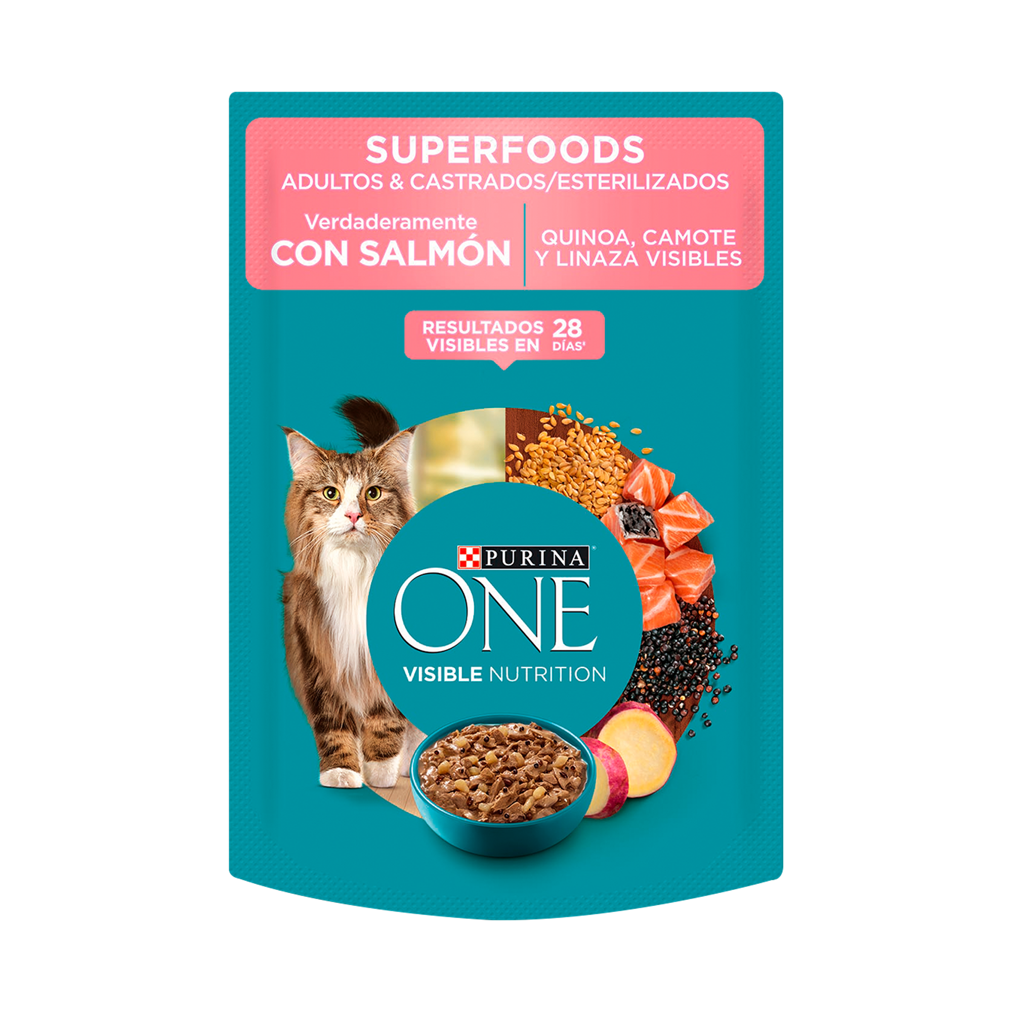 Empaque de Purina® One® Superfoods salmón gatos adultos y esterilizados, vista frontal