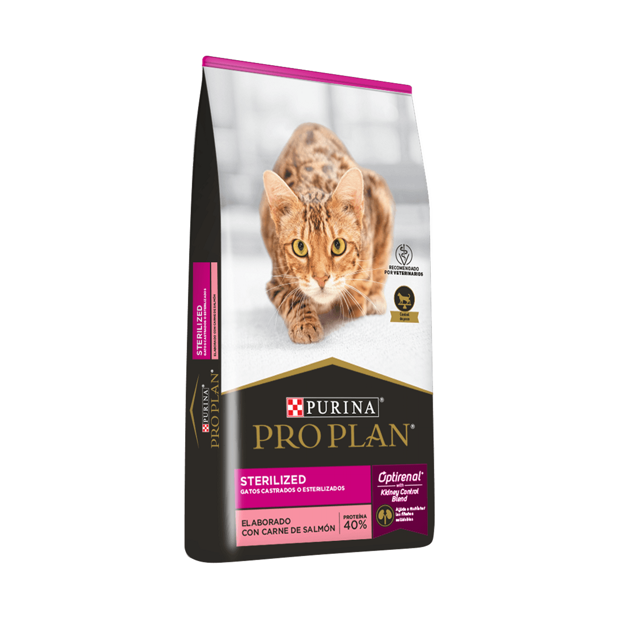 Empaque de Purina® Pro Plan® Gato Esterilizados con Optirenal® Sabor Salmón, vista lateral