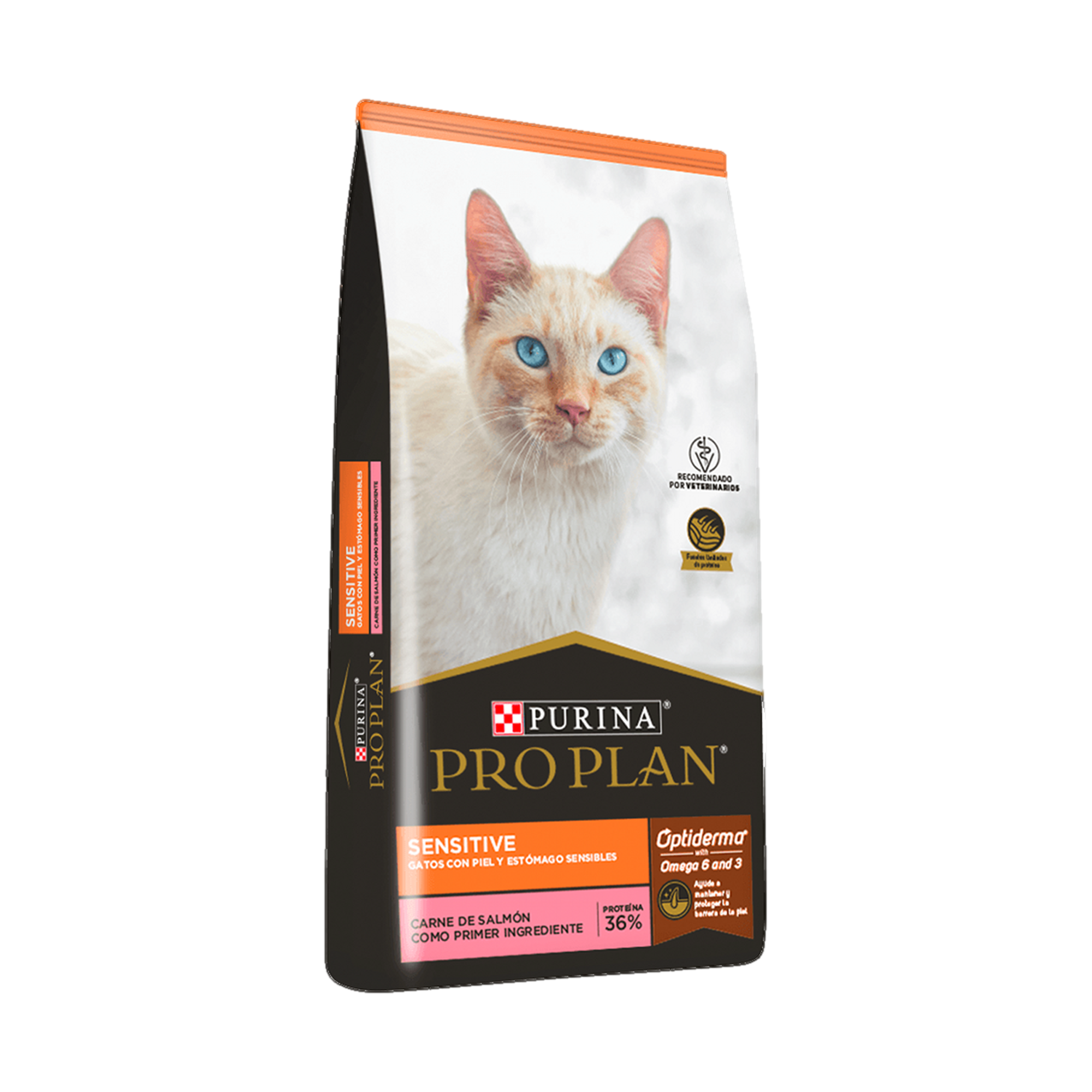 Empaque de Purina® Pro Plan® Gato Sensitive con Optitract® Sabor Salmón, vista lateral