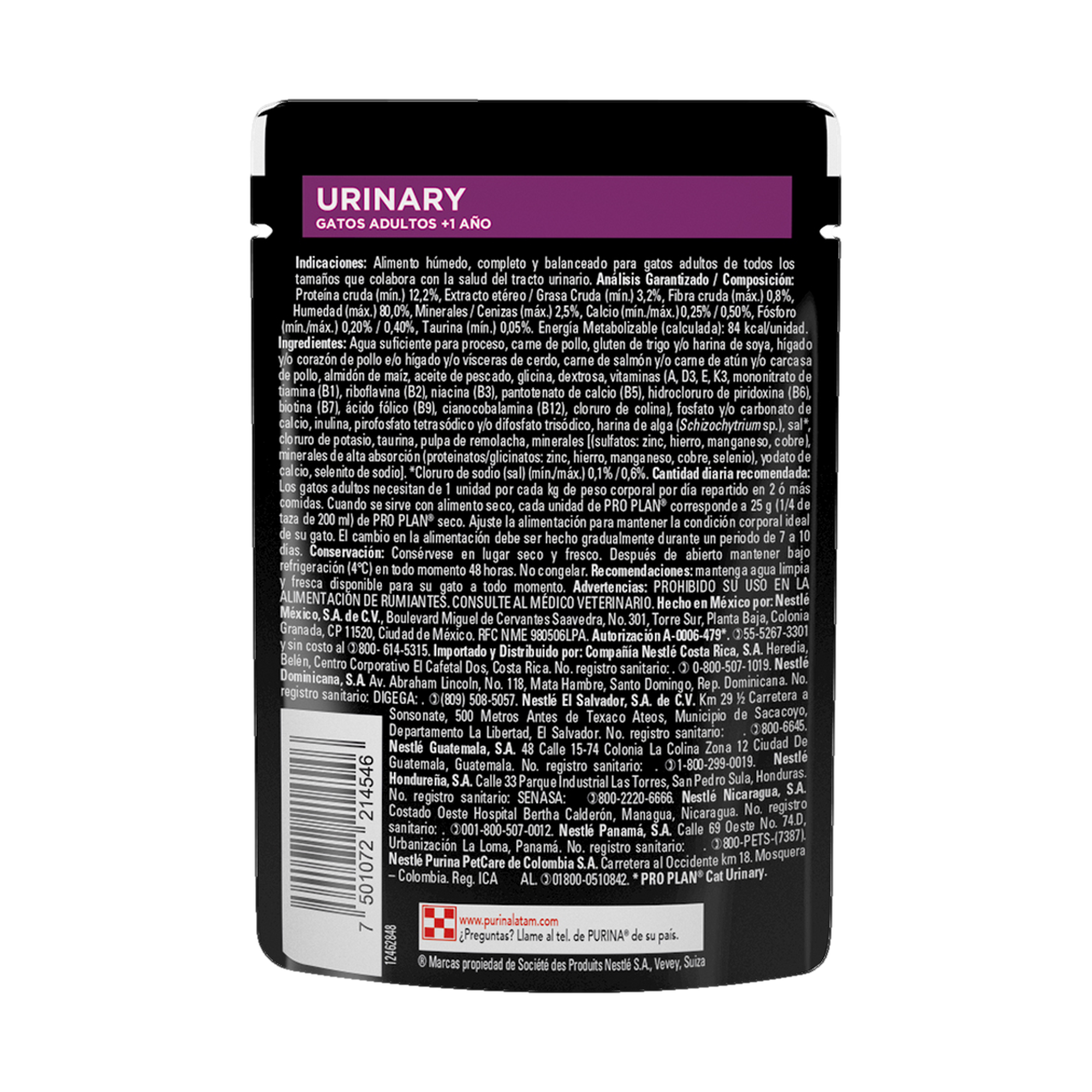 Empaque de Purina® Pro Plan® Gato Urinary con Optiplus® Sobre Sabor Pollo, vista posterior