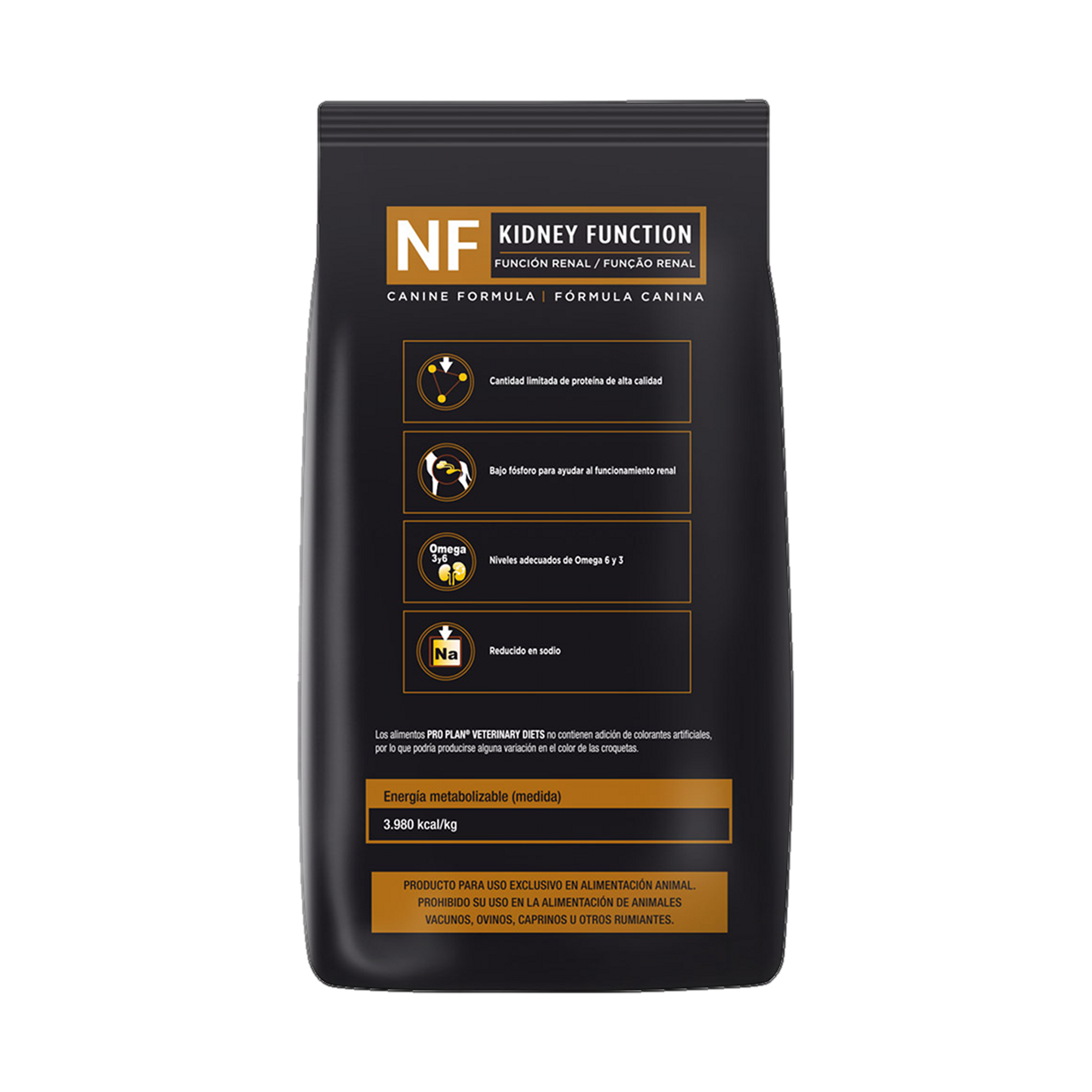 Empaque de Purina® Pro Plan® Veterinary Diets NF kidney function, vista posterior