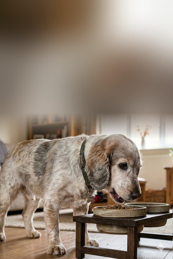 Perro cocker senior comiendo de un plato elevado en la sala