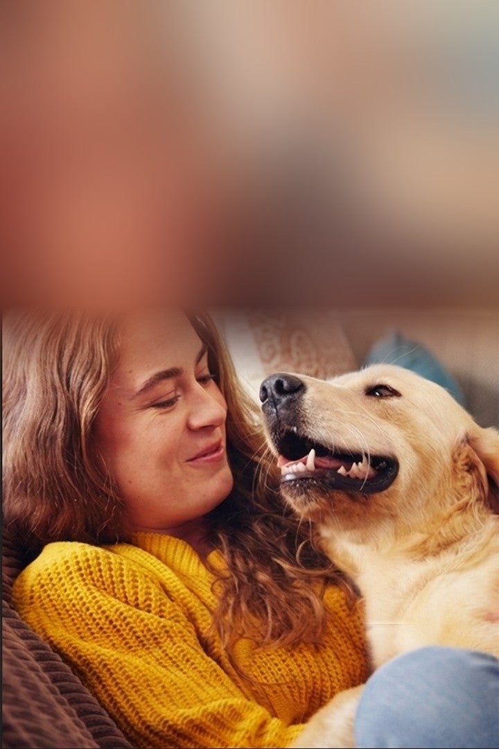 Mujer abrazando a su golden retriever en el sillón