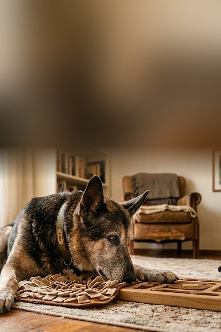 Perro pastor alemán senior jugando con un tapete olfativo