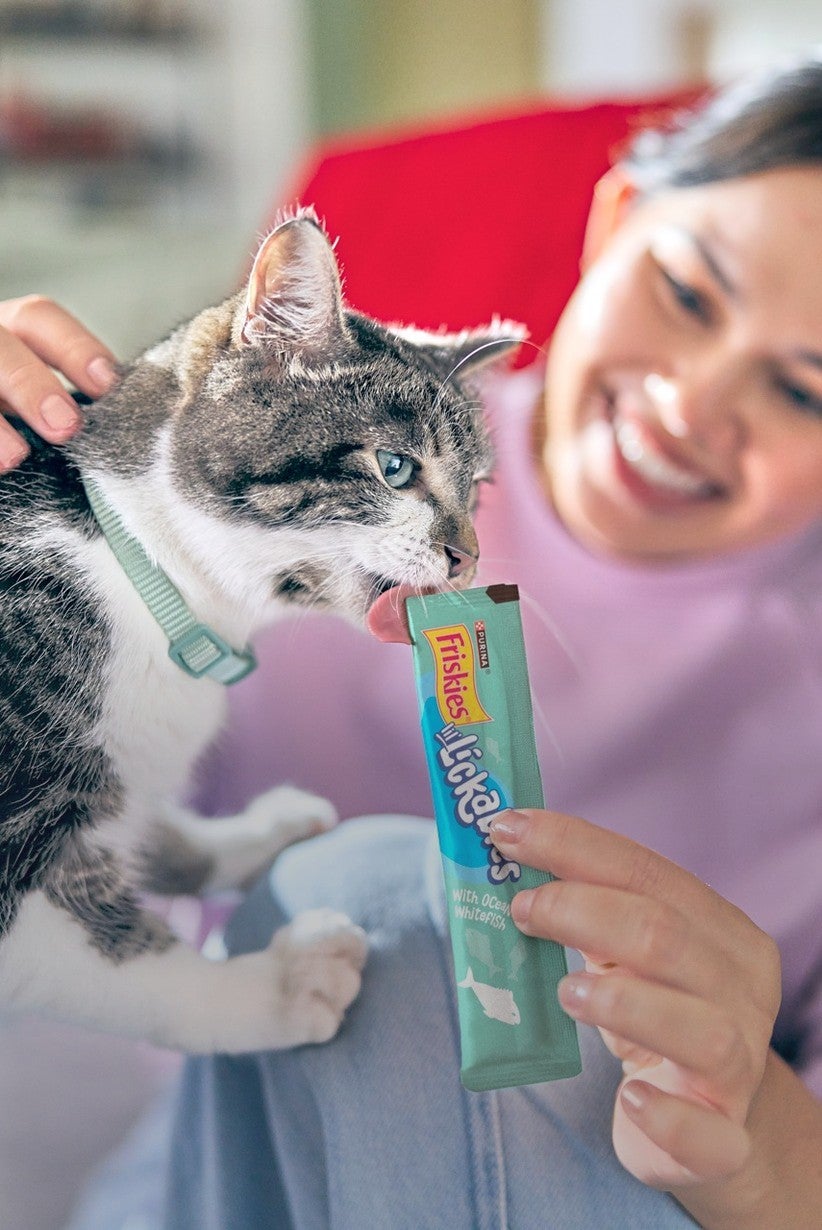 Mujer le da un snack a su gato