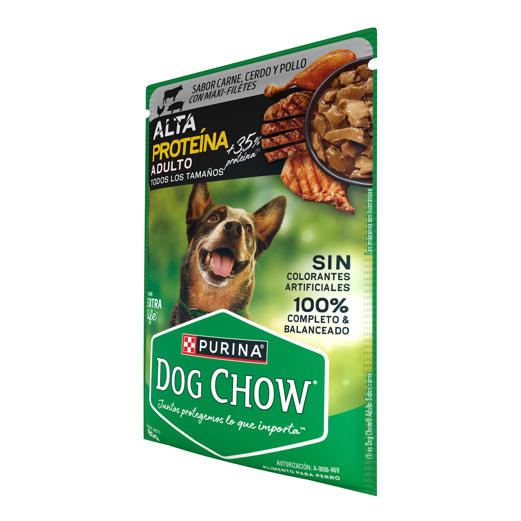Sabrosobre Dog Chow Alta Proteína adulto sabor carne, cerdo y pollo con ExtraLife.