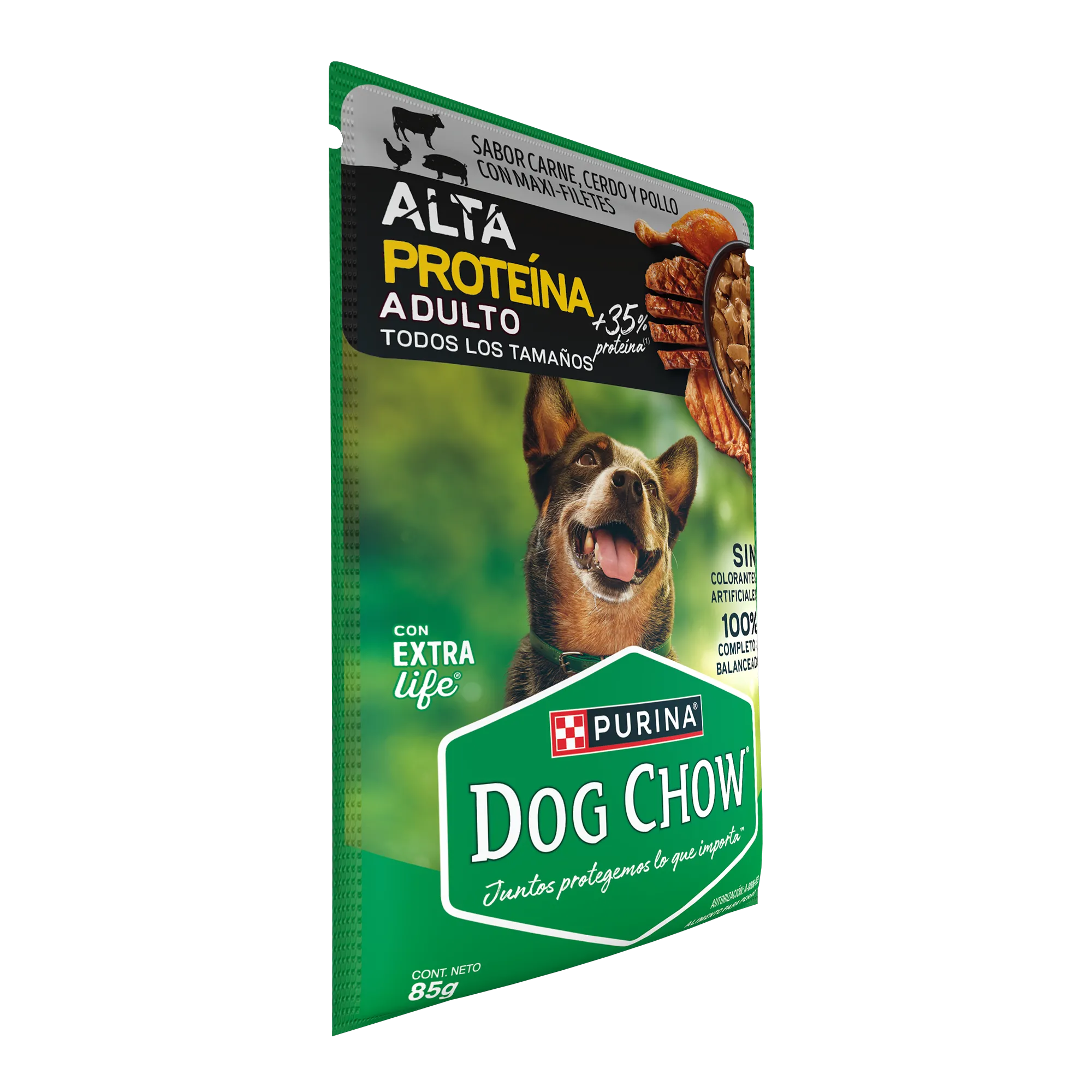 Sabrosobre Dog Chow Alta Proteína adulto sabor carne, cerdo y pollo con ExtraLife.