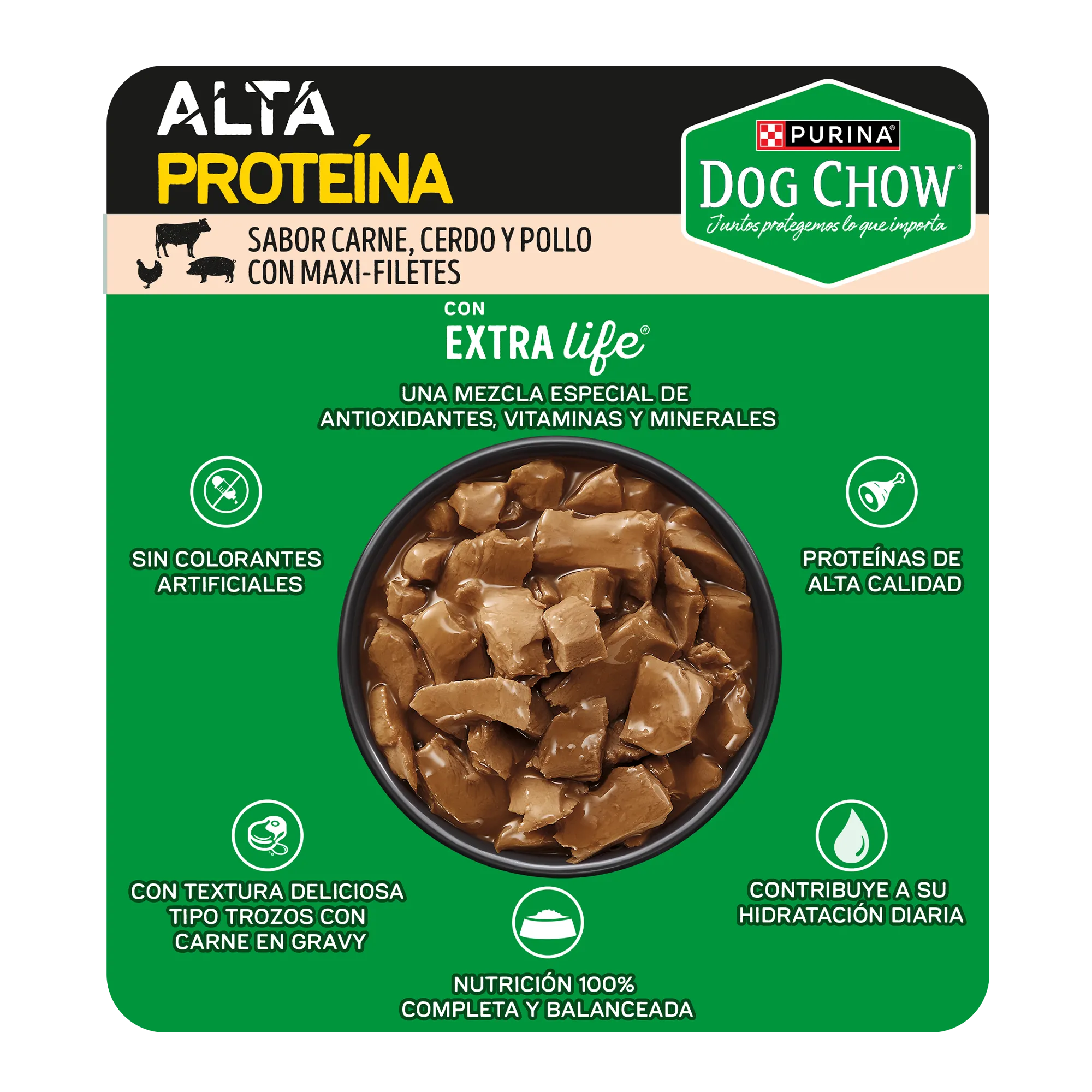 Sabrosobre Dog Chow Alta Proteína adulto sabor carne, cerdo y pollo con ExtraLife.