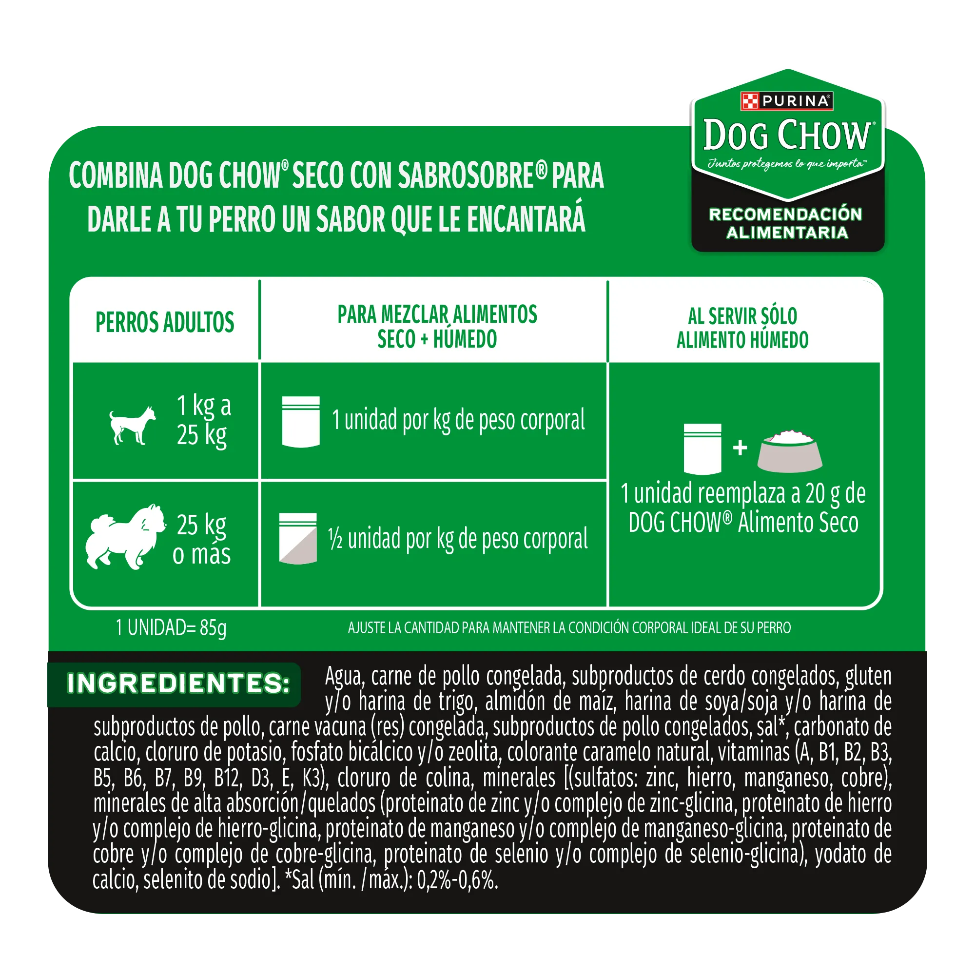 Sabrosobre Dog Chow Alta Proteína adulto sabor carne, cerdo y pollo con ExtraLife.