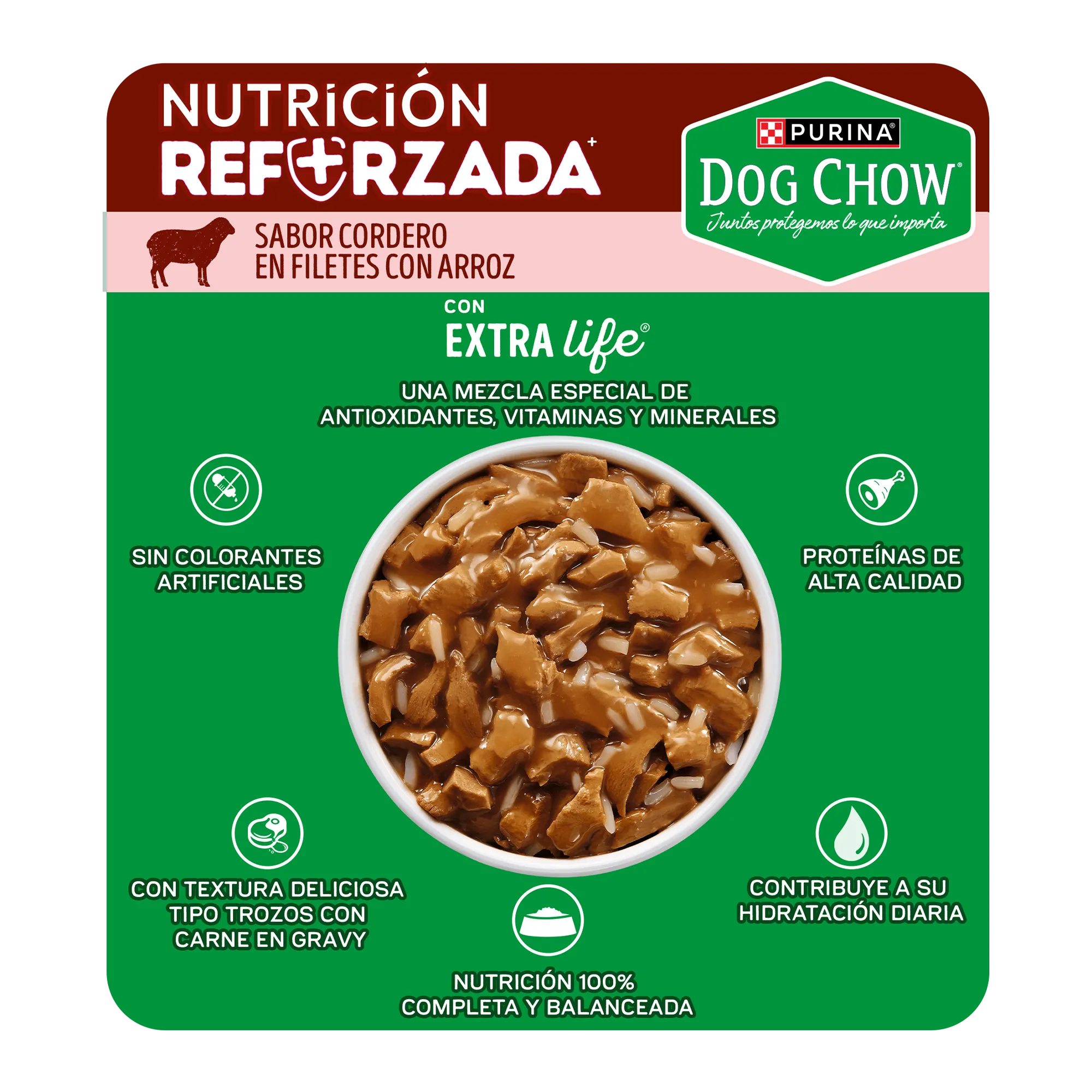 Sabrosobre Dog Chow Adultos todos los tamaños nutrición reforzada sabor cordero con arroz y ExtraLife