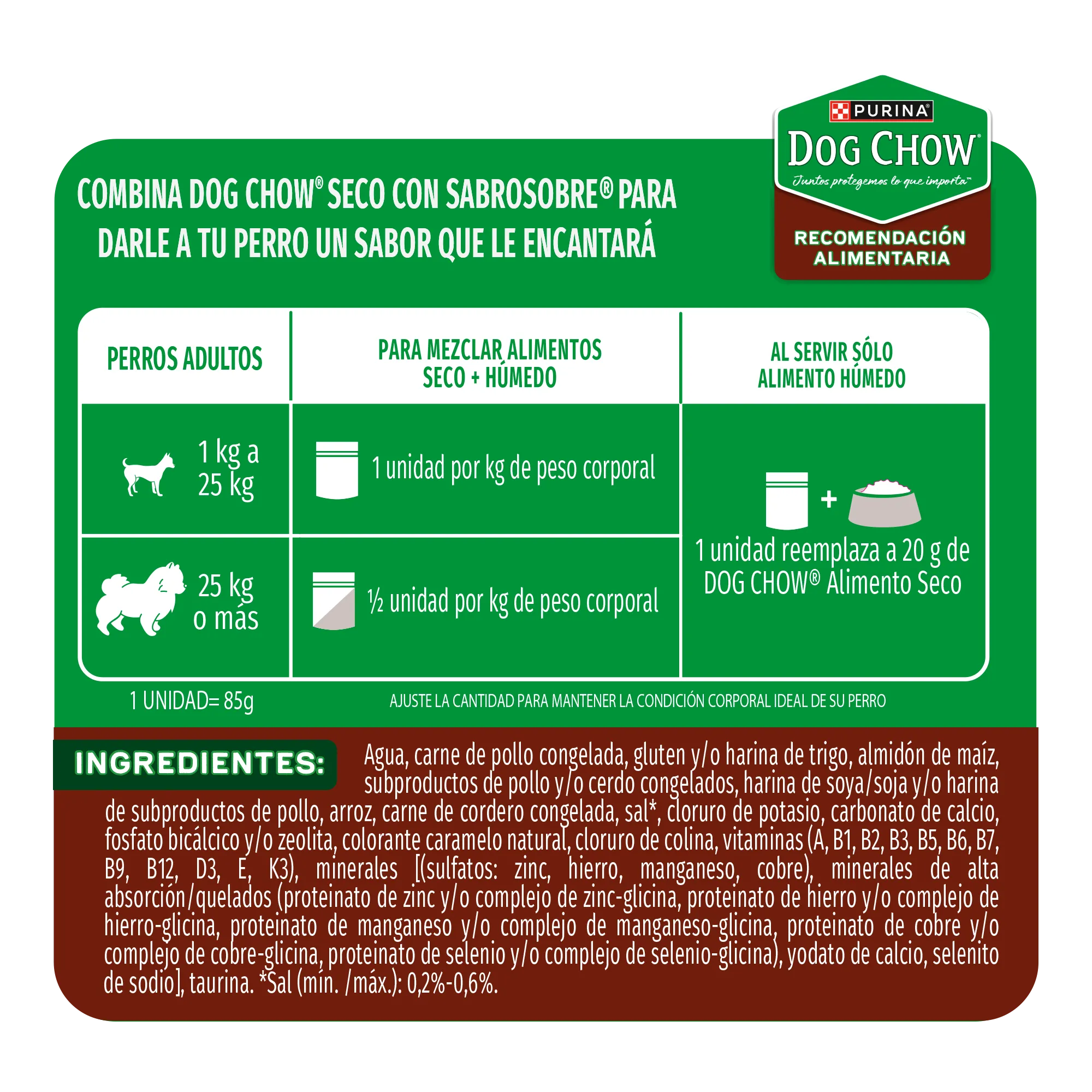 Sabrosobre Dog Chow Adultos todos los tamaños nutrición reforzada sabor cordero con arroz y ExtraLife