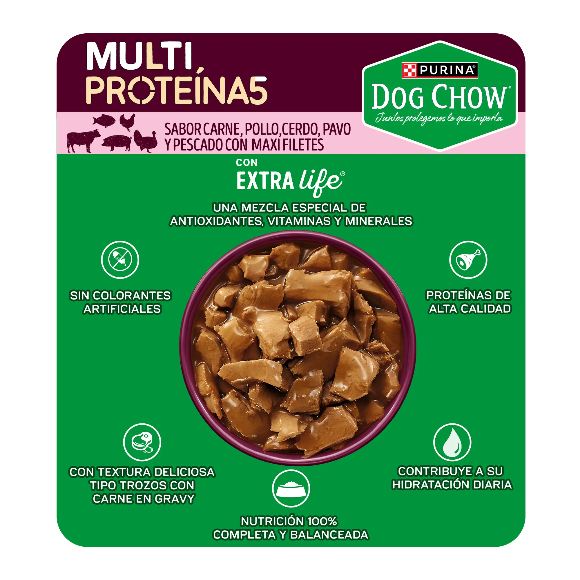 Sabrosobre Dog Chow Multi Proteínas adulto sabor carne, cerdo, pollo, pavo y pescado con ExtraLife.