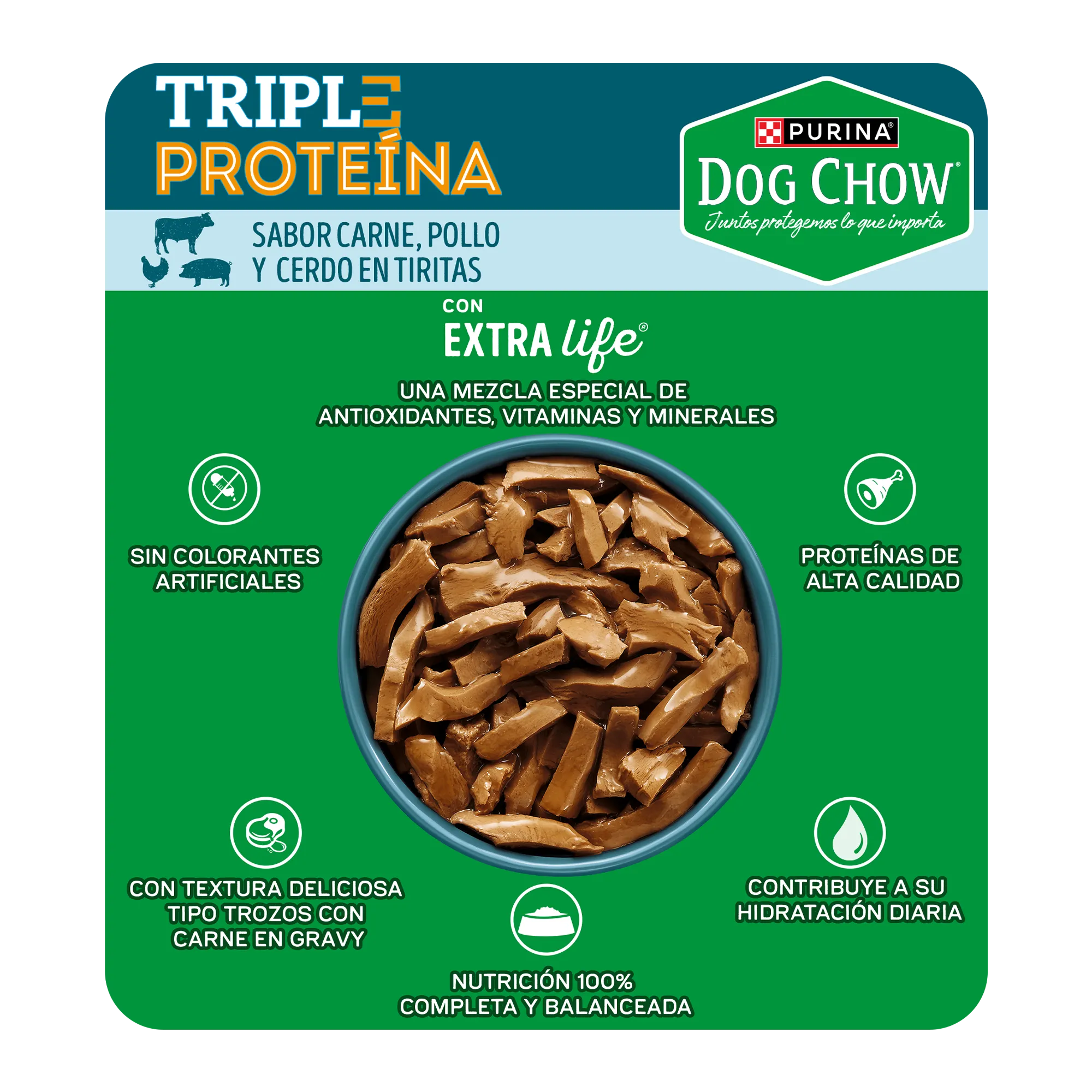 Sabrosobre Dog Chow Triple Proteínas adulto sabor carne, pollo y cerdo con ExtraLife.