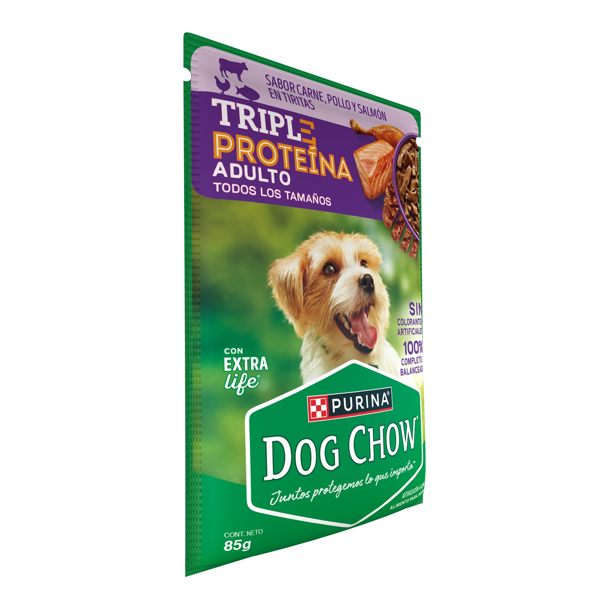 Sabrosobre Dog Chow Triple Proteínas adulto sabor carne, pollo y salmón con ExtraLife.