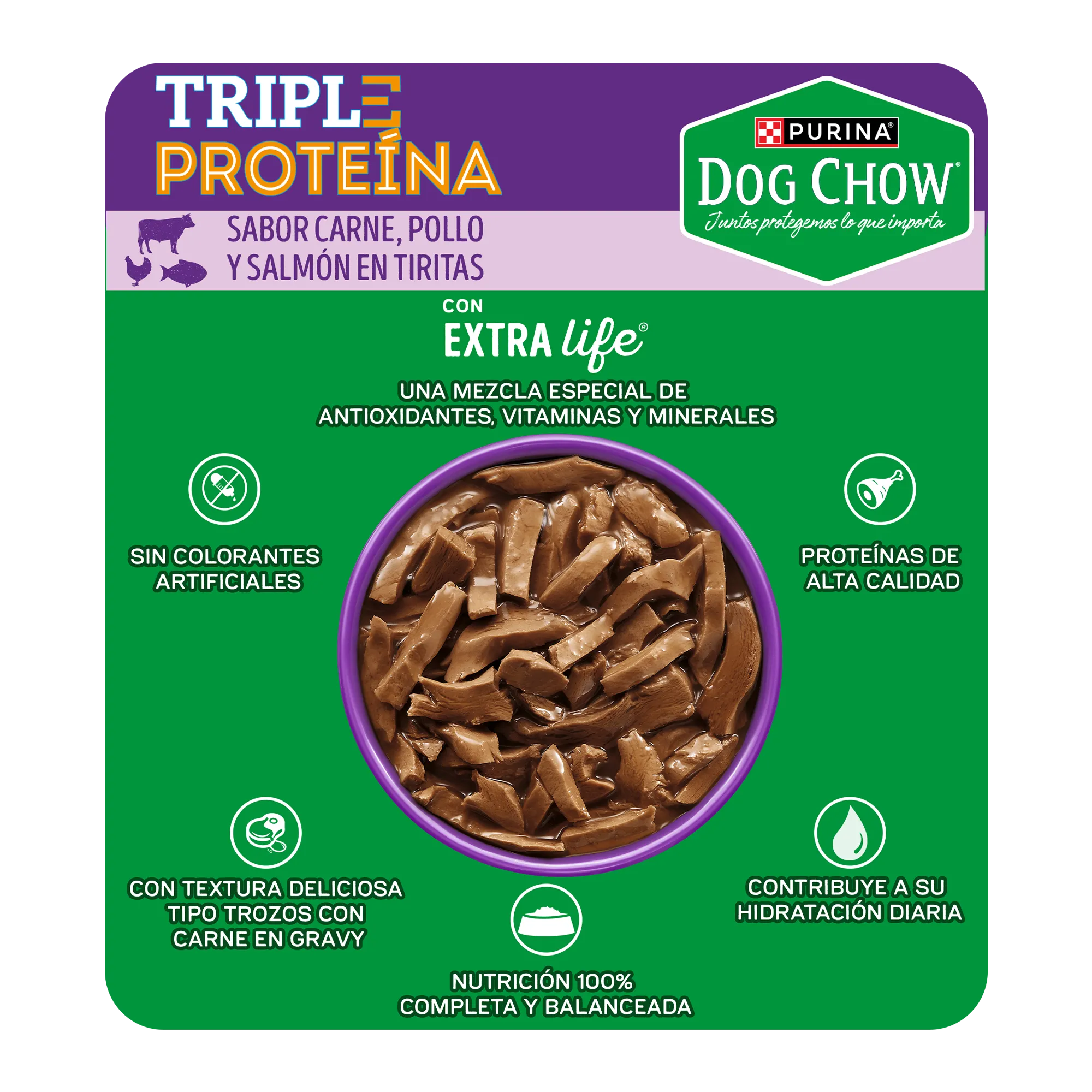 Sabrosobre Dog Chow Triple Proteínas adulto sabor carne, pollo y salmón con ExtraLife.