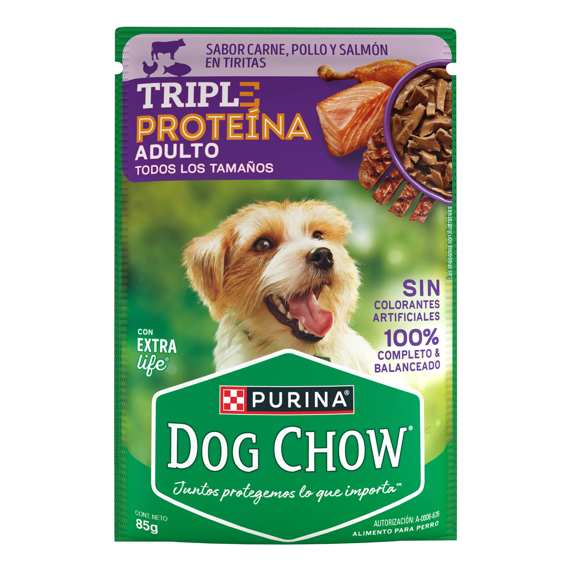 Sabrosobre Dog Chow Triple Proteínas adulto sabor carne, pollo y salmón con ExtraLife.