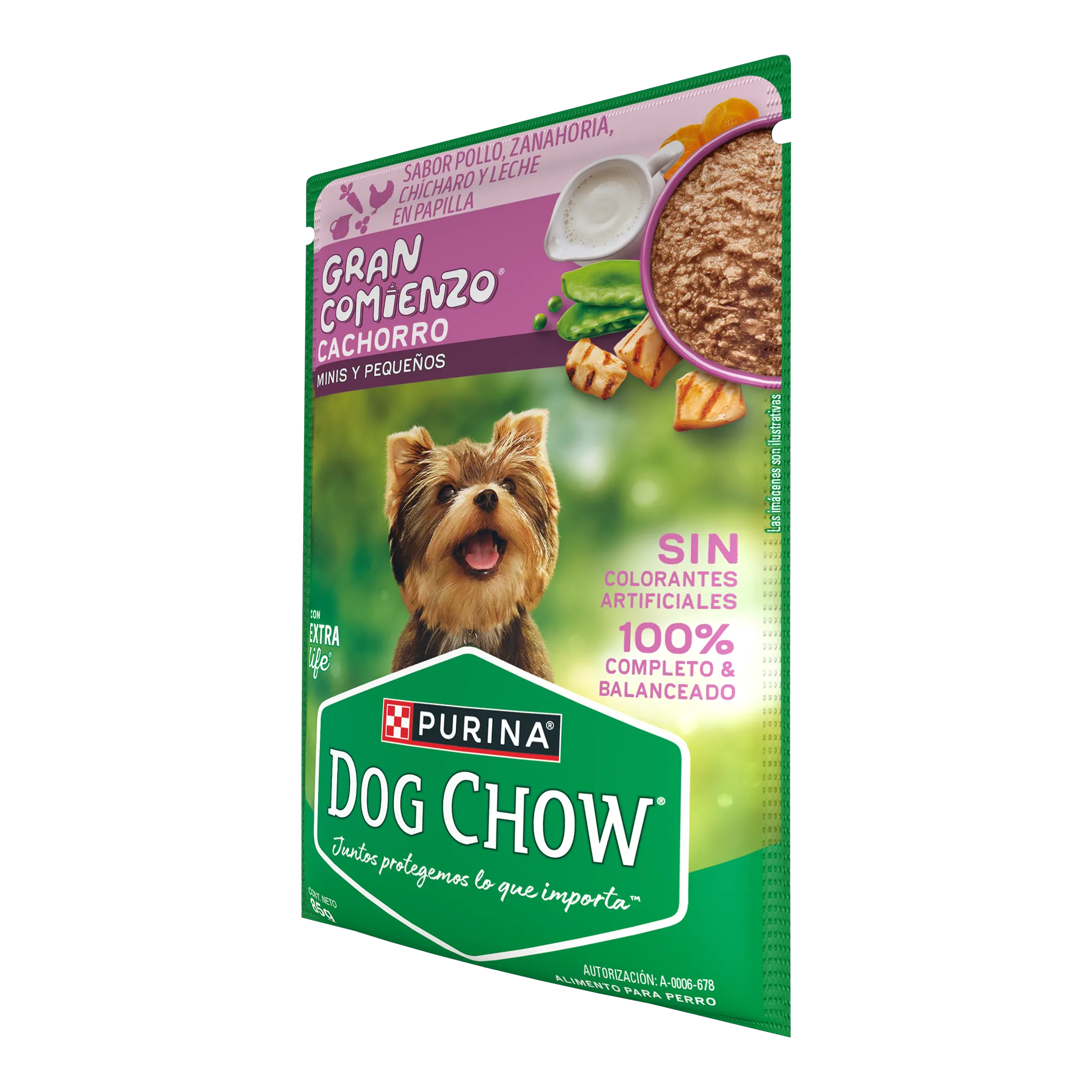 Sabrosobre Dog Chow Gran Comienzo para cachorros minis y pequeños sabor pollo, zanahoria, chícharo y leche.