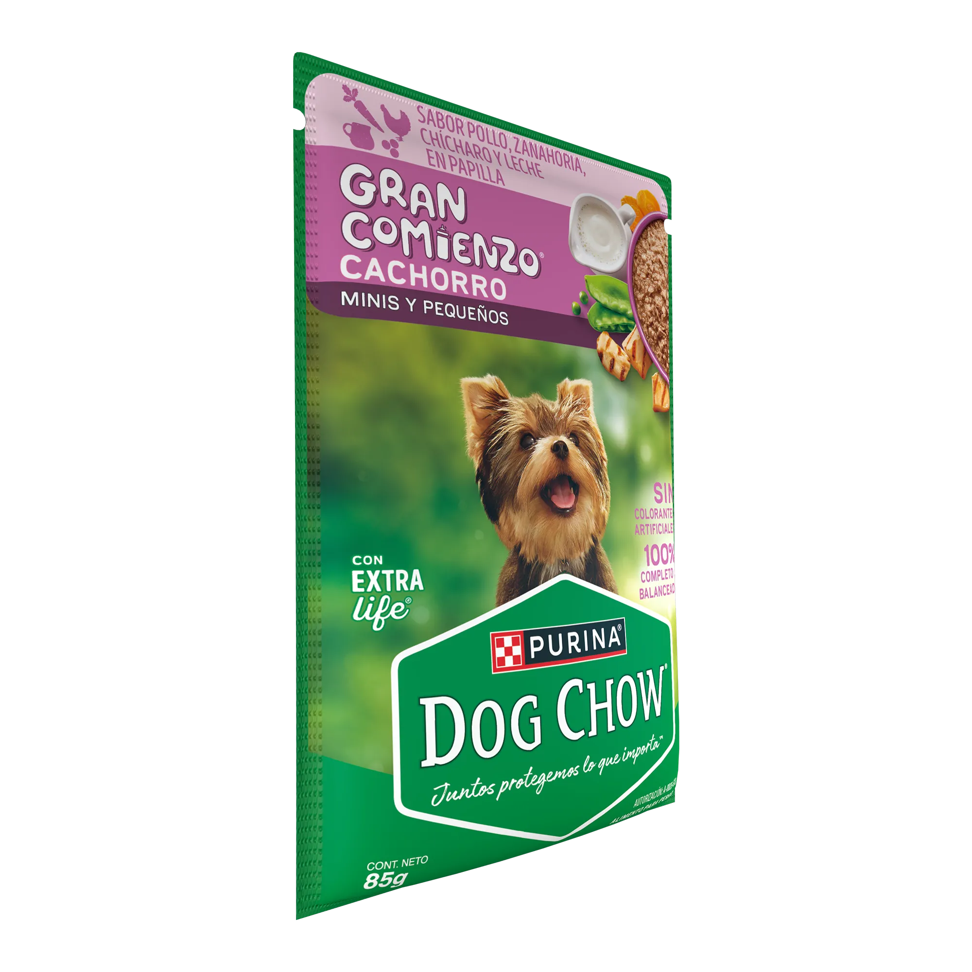 Sabrosobre Dog Chow Gran Comienzo para cachorros minis y pequeños sabor pollo, zanahoria, chícharo y leche.
