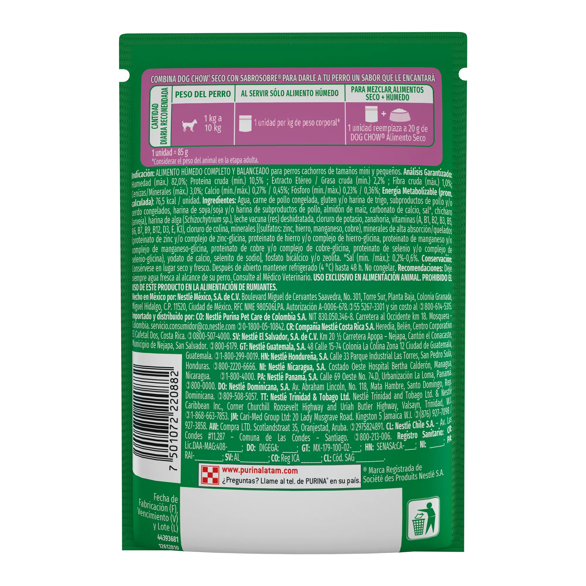 Sabrosobre Dog Chow Gran Comienzo para cachorros minis y pequeños sabor pollo, zanahoria, chícharo y leche.