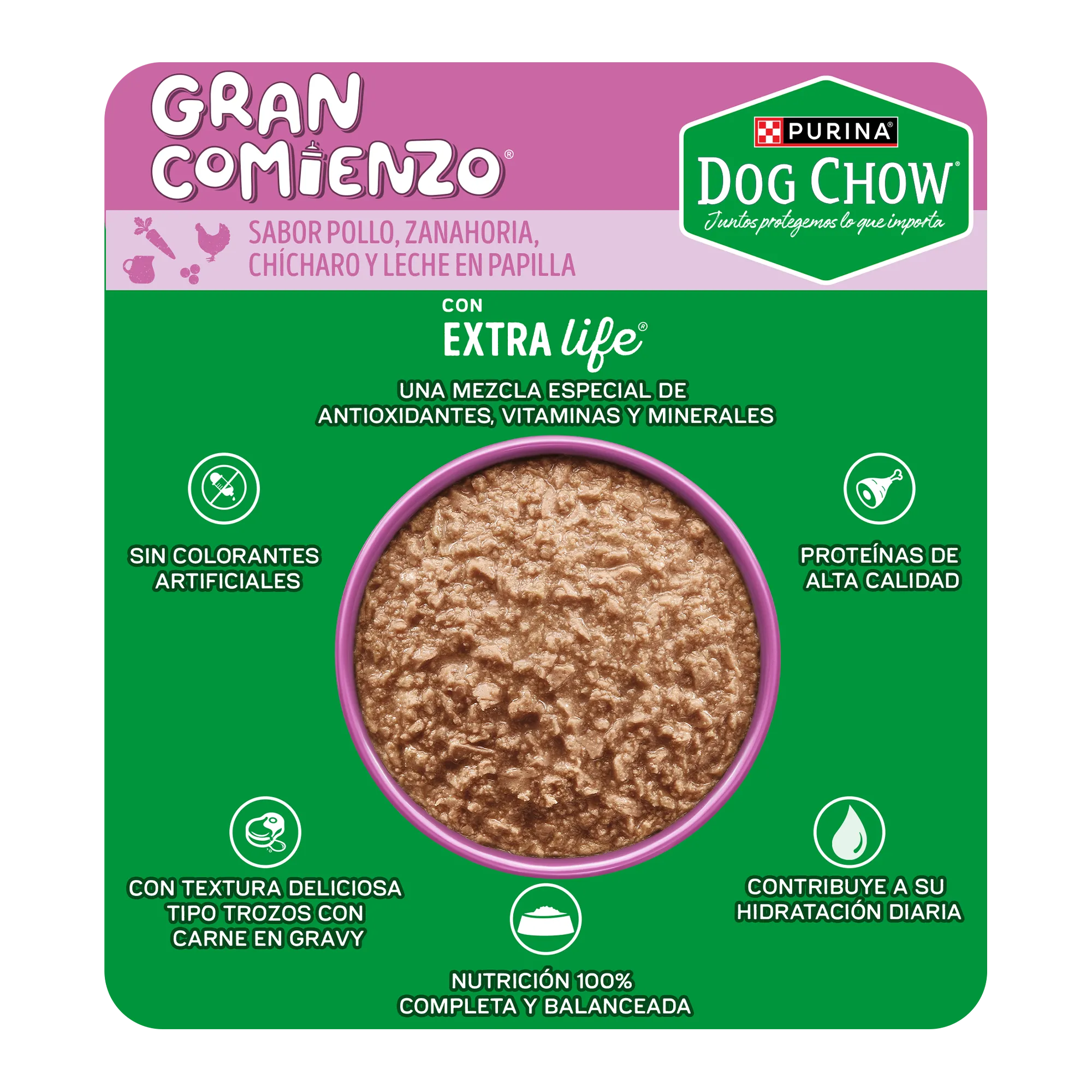 Sabrosobre Dog Chow Gran Comienzo para cachorros minis y pequeños sabor pollo, zanahoria, chícharo y leche.