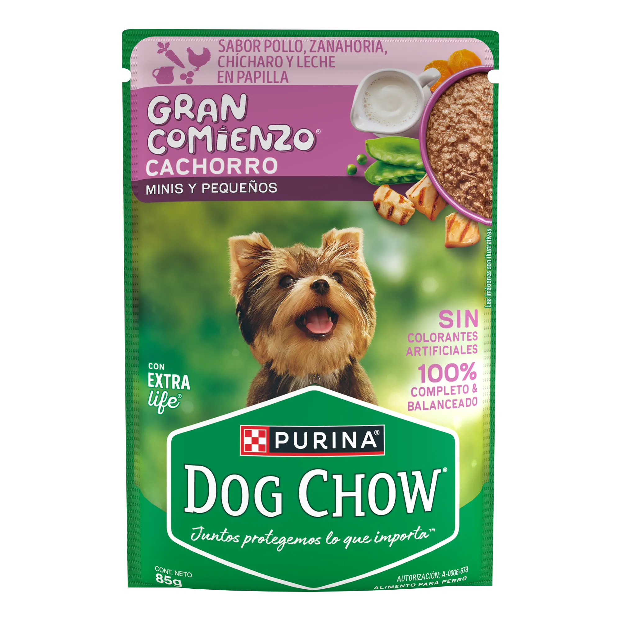 Sabrosobre Dog Chow Gran Comienzo para cachorros minis y pequeños sabor pollo, zanahoria, chícharo y leche.