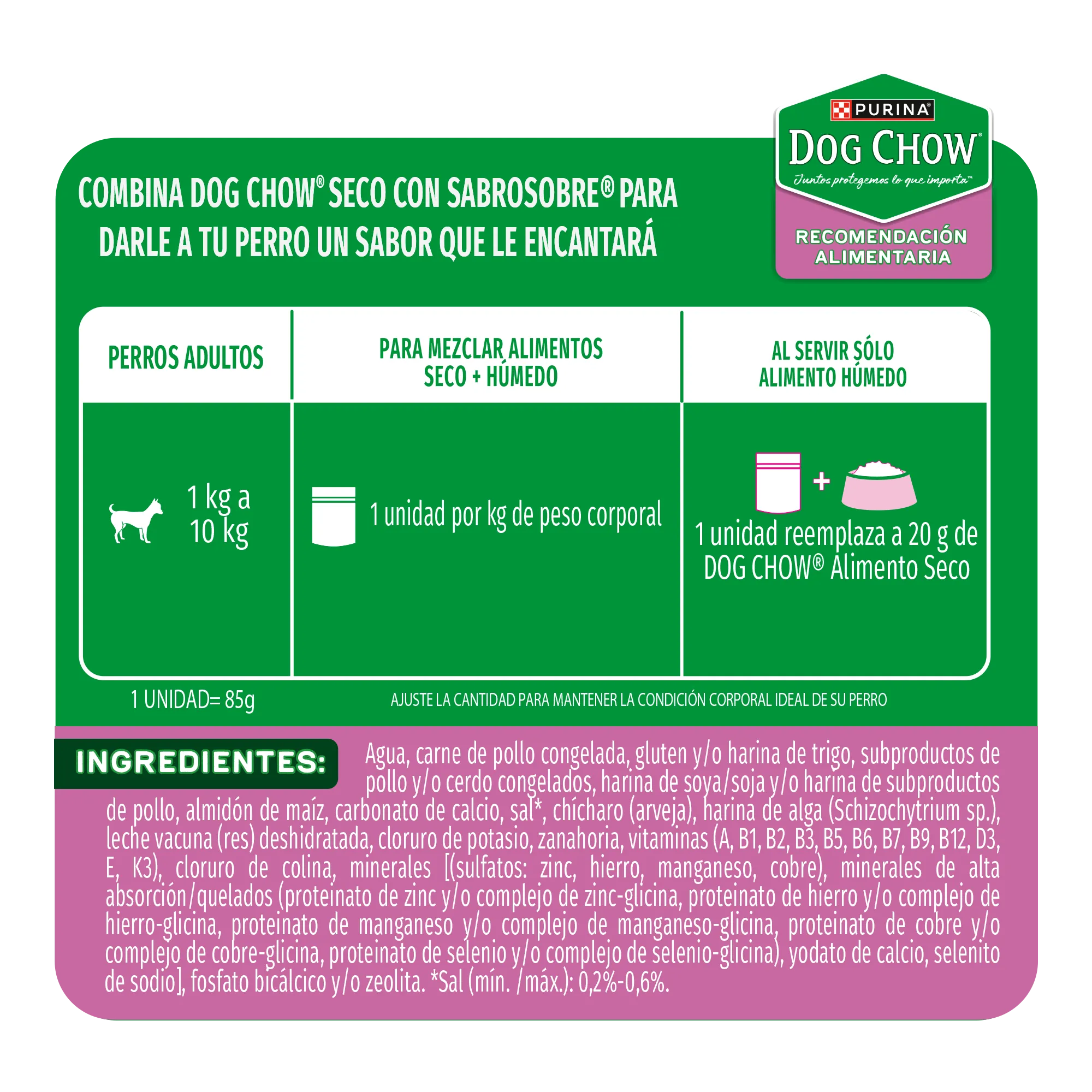 Sabrosobre Dog Chow Gran Comienzo para cachorros minis y pequeños sabor pollo, zanahoria, chícharo y leche.