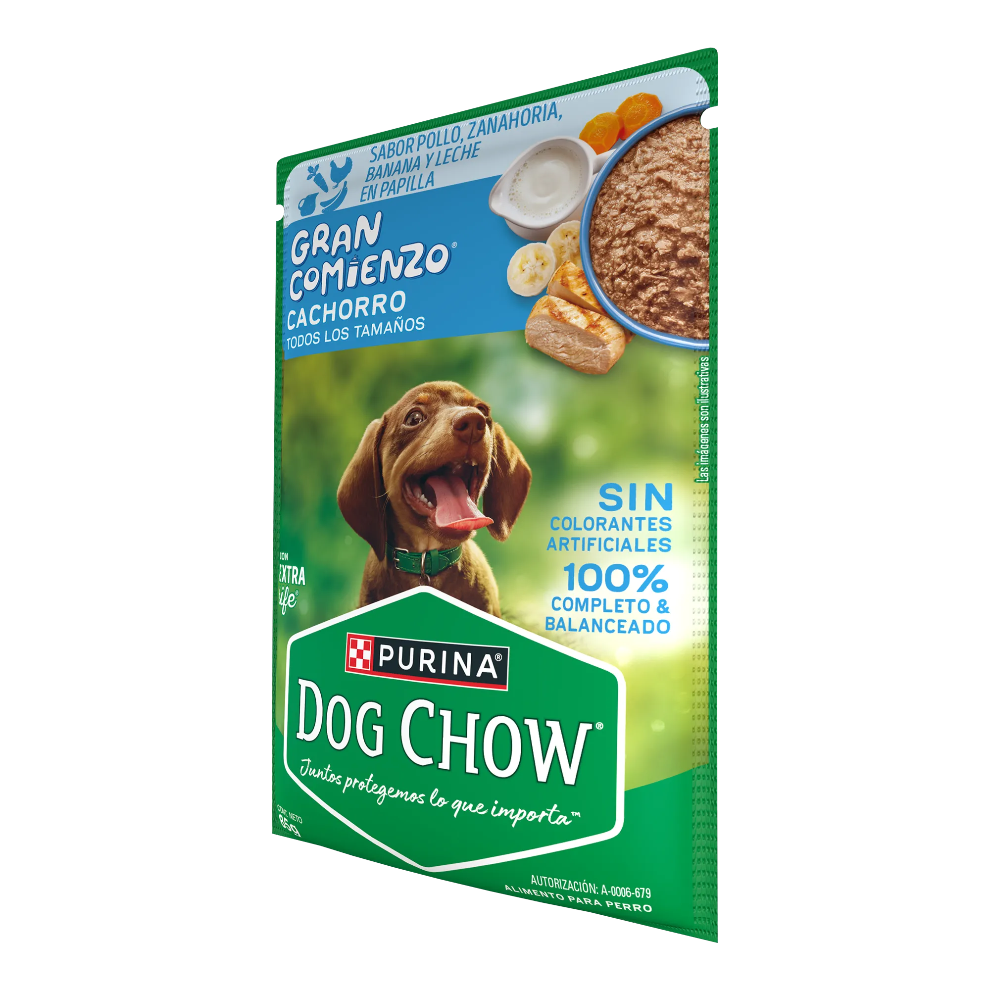 Sabrosobre Dog Chow Gran Comienzo para cachorros todos los tamaños sabor pollo, zanahoria, banana y leche.