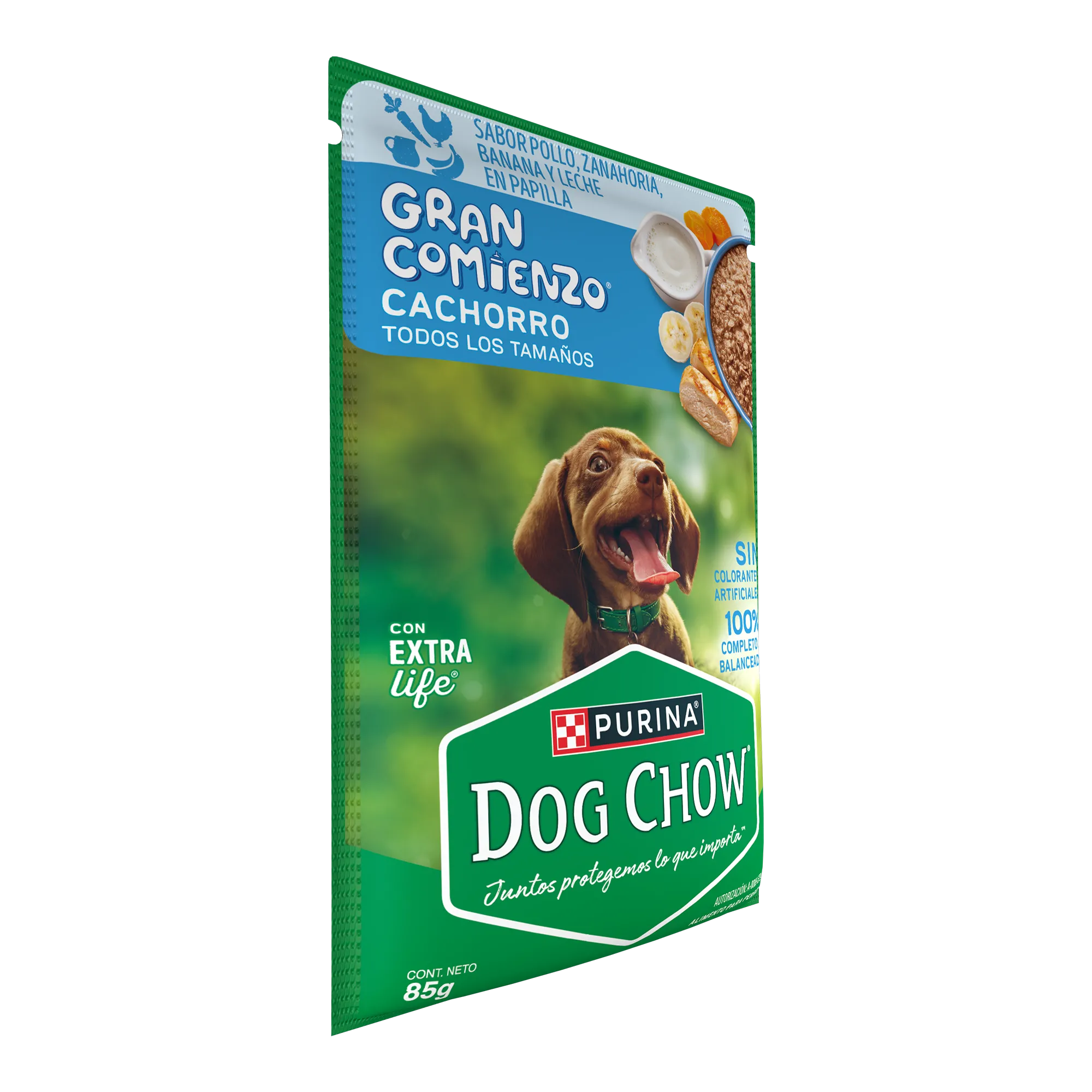 Sabrosobre Dog Chow Gran Comienzo para cachorros todos los tamaños sabor pollo, zanahoria, banana y leche.