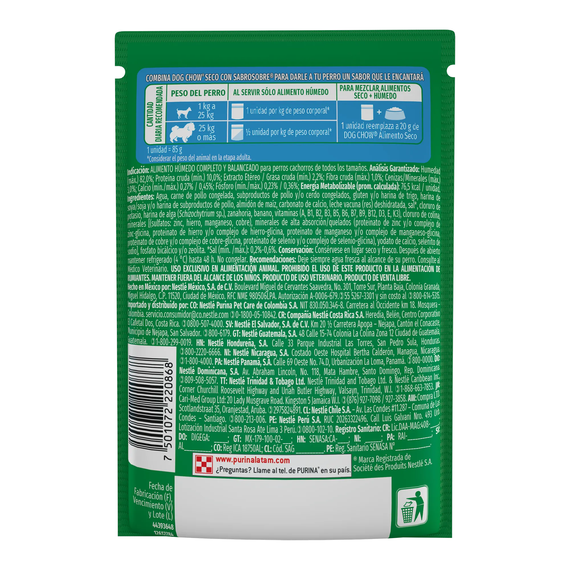 Sabrosobre Dog Chow Gran Comienzo para cachorros todos los tamaños sabor pollo, zanahoria, banana y leche.