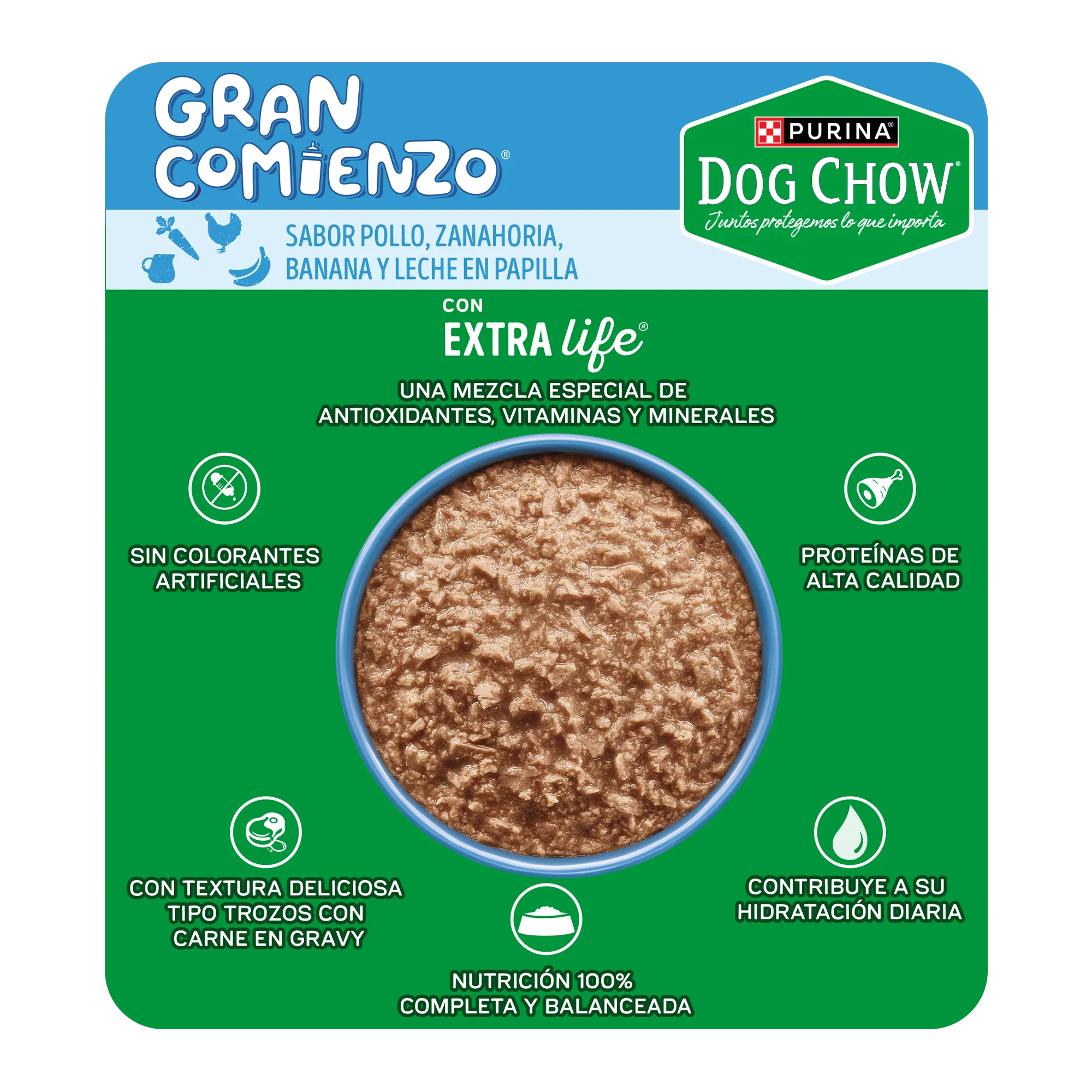 Sabrosobre Dog Chow Gran Comienzo para cachorros todos los tamaños sabor pollo, zanahoria, banana y leche.