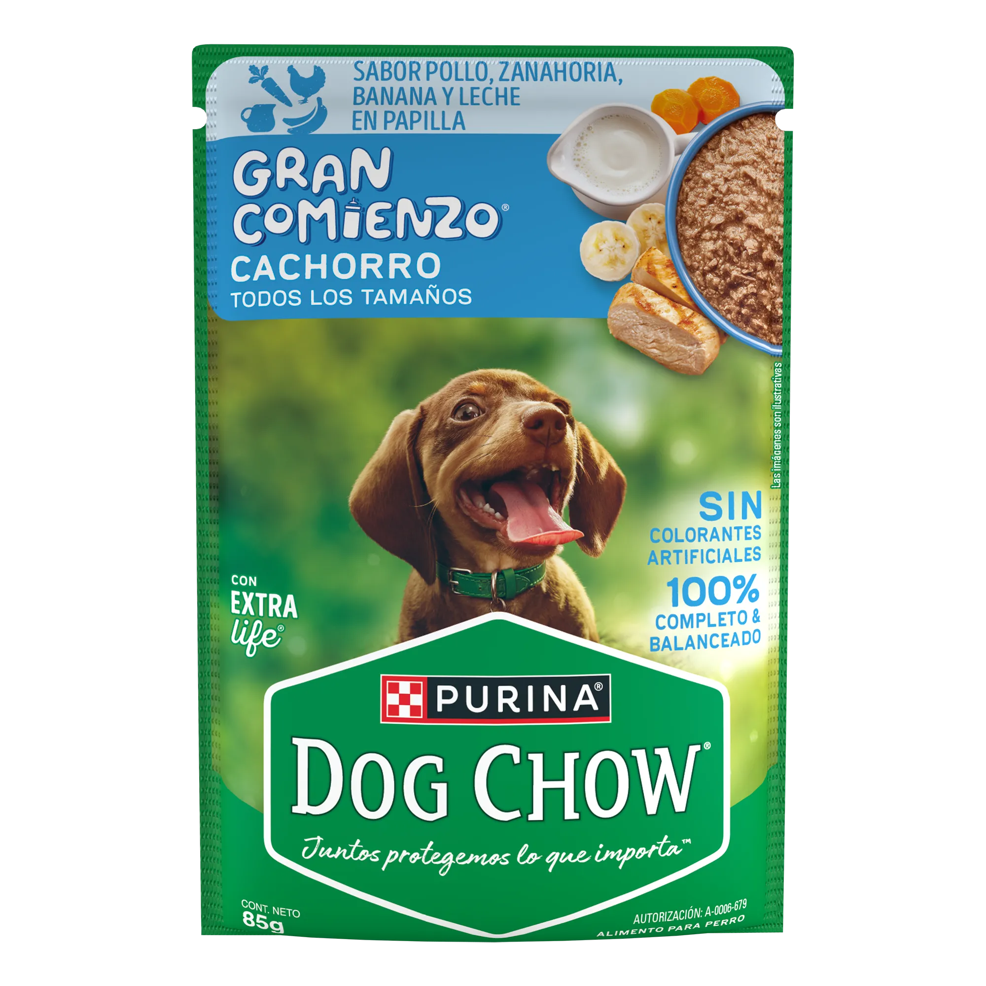 Sabrosobre Dog Chow Gran Comienzo para cachorros todos los tamaños sabor pollo, zanahoria, banana y leche.