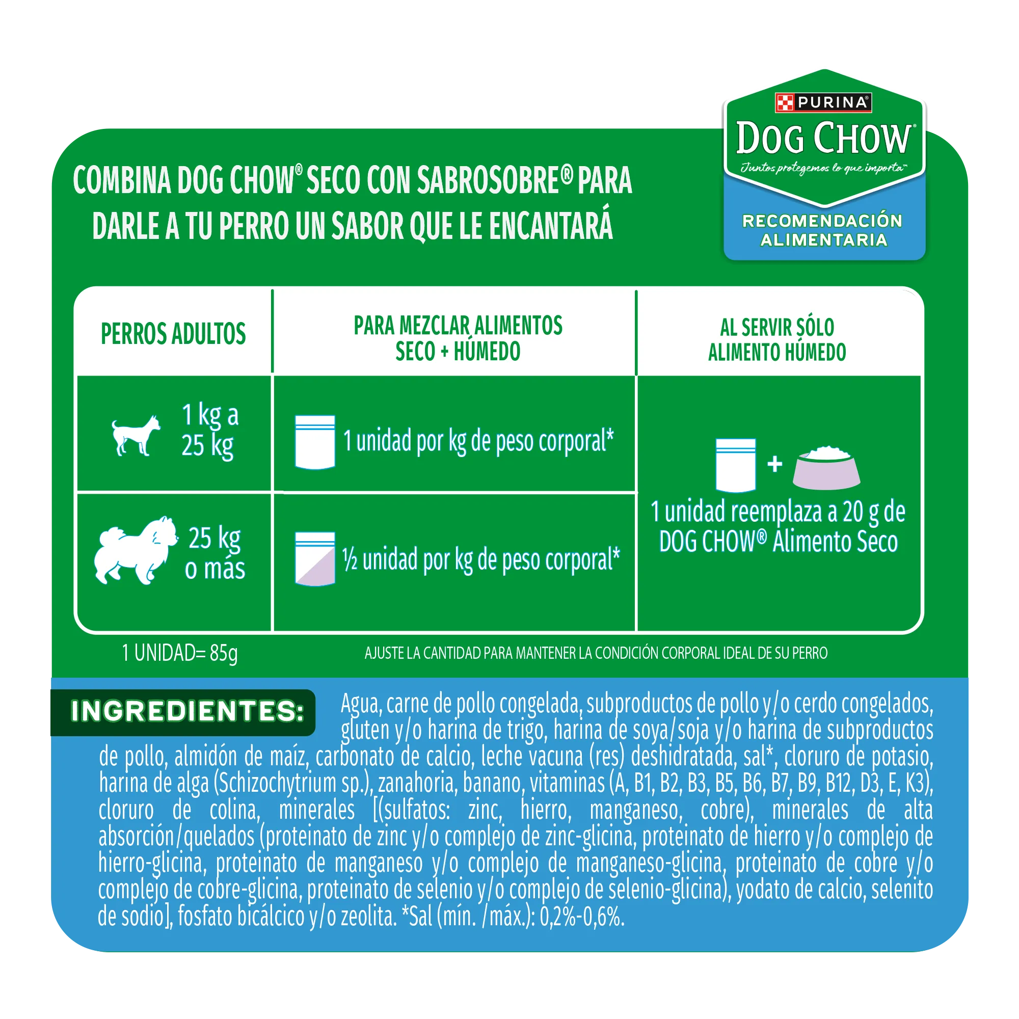 Sabrosobre Dog Chow Gran Comienzo para cachorros todos los tamaños sabor pollo, zanahoria, banana y leche.
