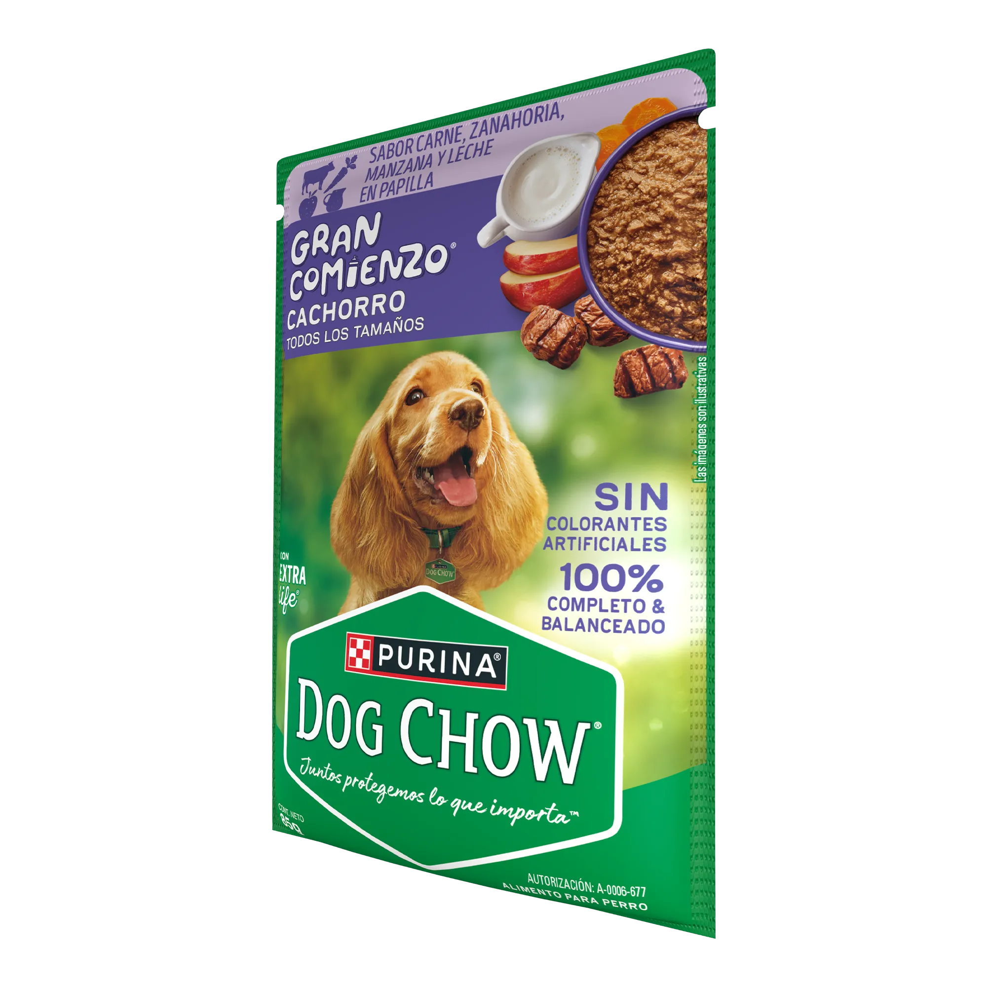 Sabrosobre Dog Chow Gran Comienzo para cachorros sabor carne, zanahoria, manzana y leche.