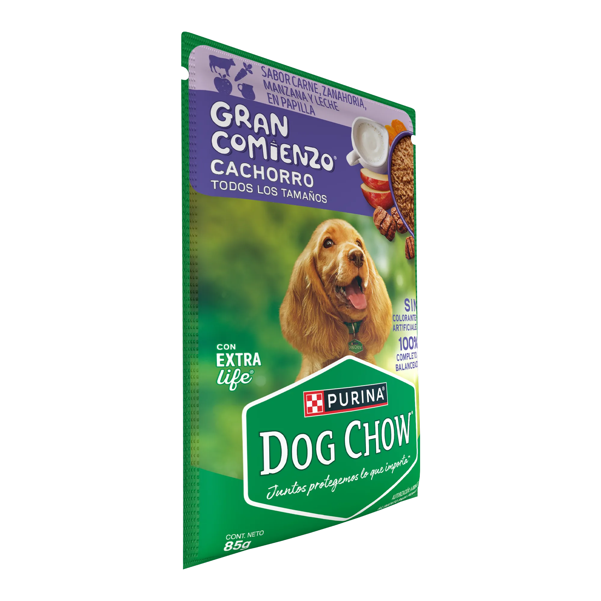 Sabrosobre Dog Chow Gran Comienzo para cachorros sabor carne, zanahoria, manzana y leche.